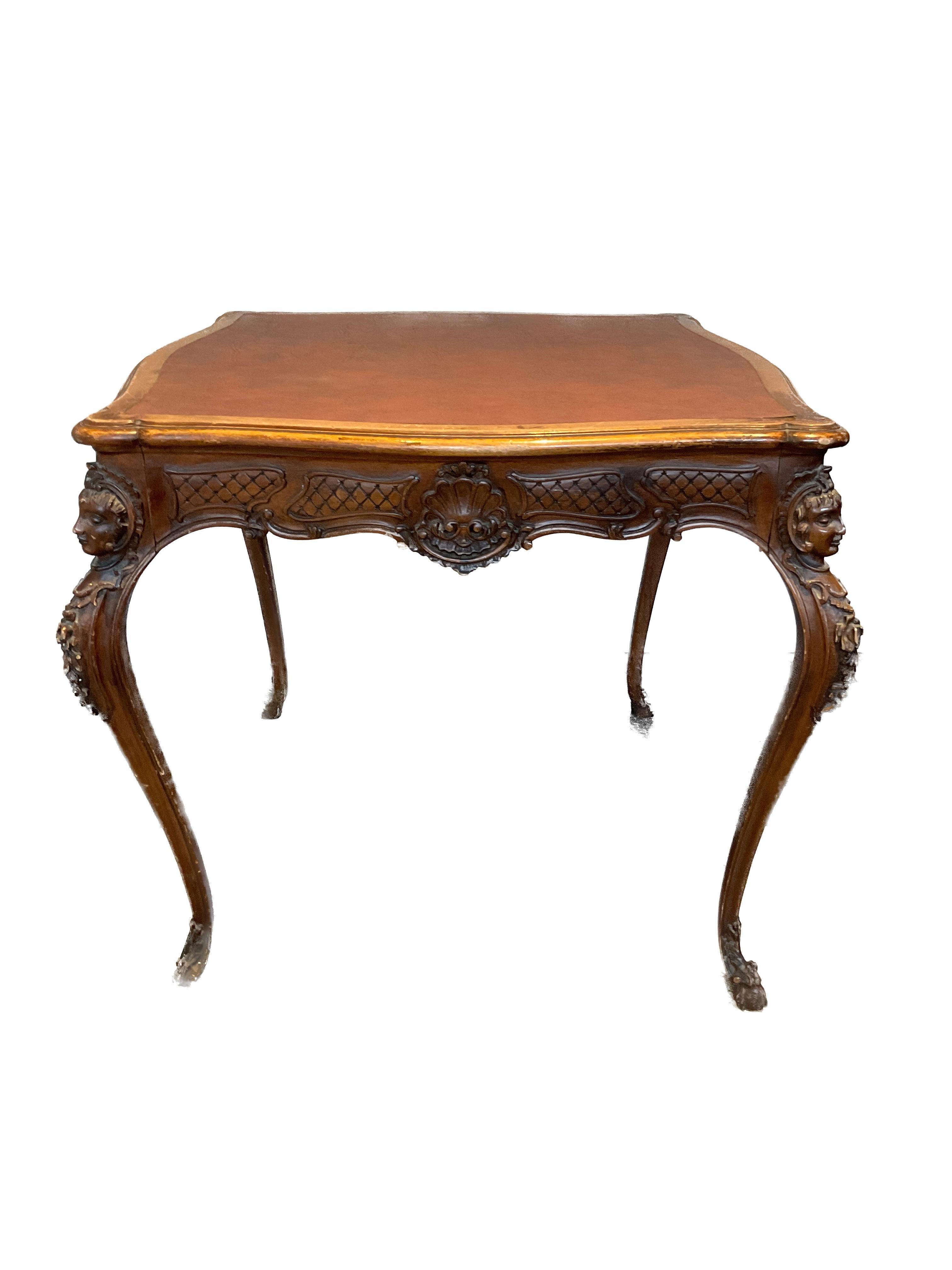 Leather 1950s Italian Carved Wood Rococo Game Table For Sale