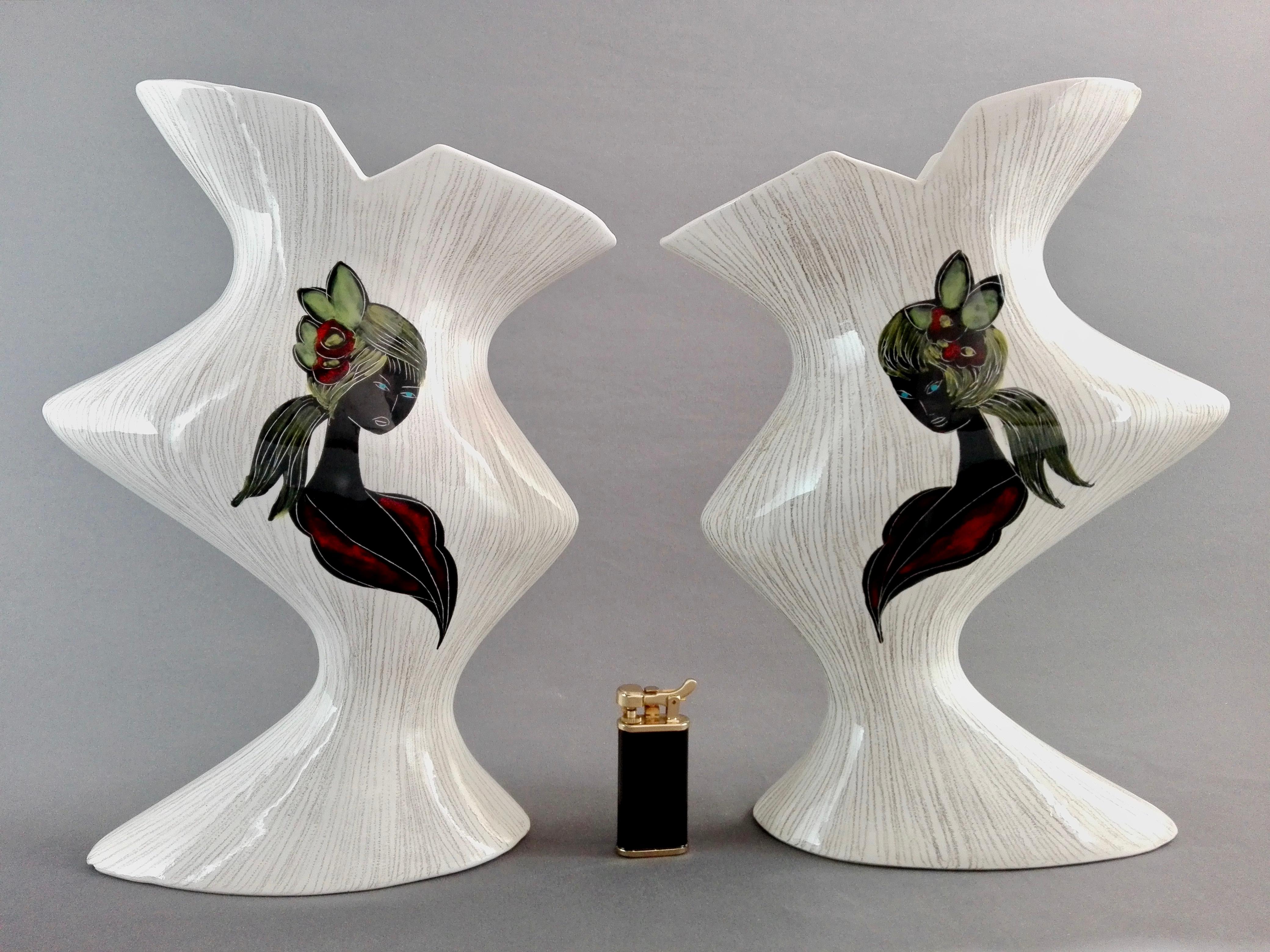 1950s Italian Ceramic Vintage Asymmetrical Decorated Vases, a Pair For Sale 7