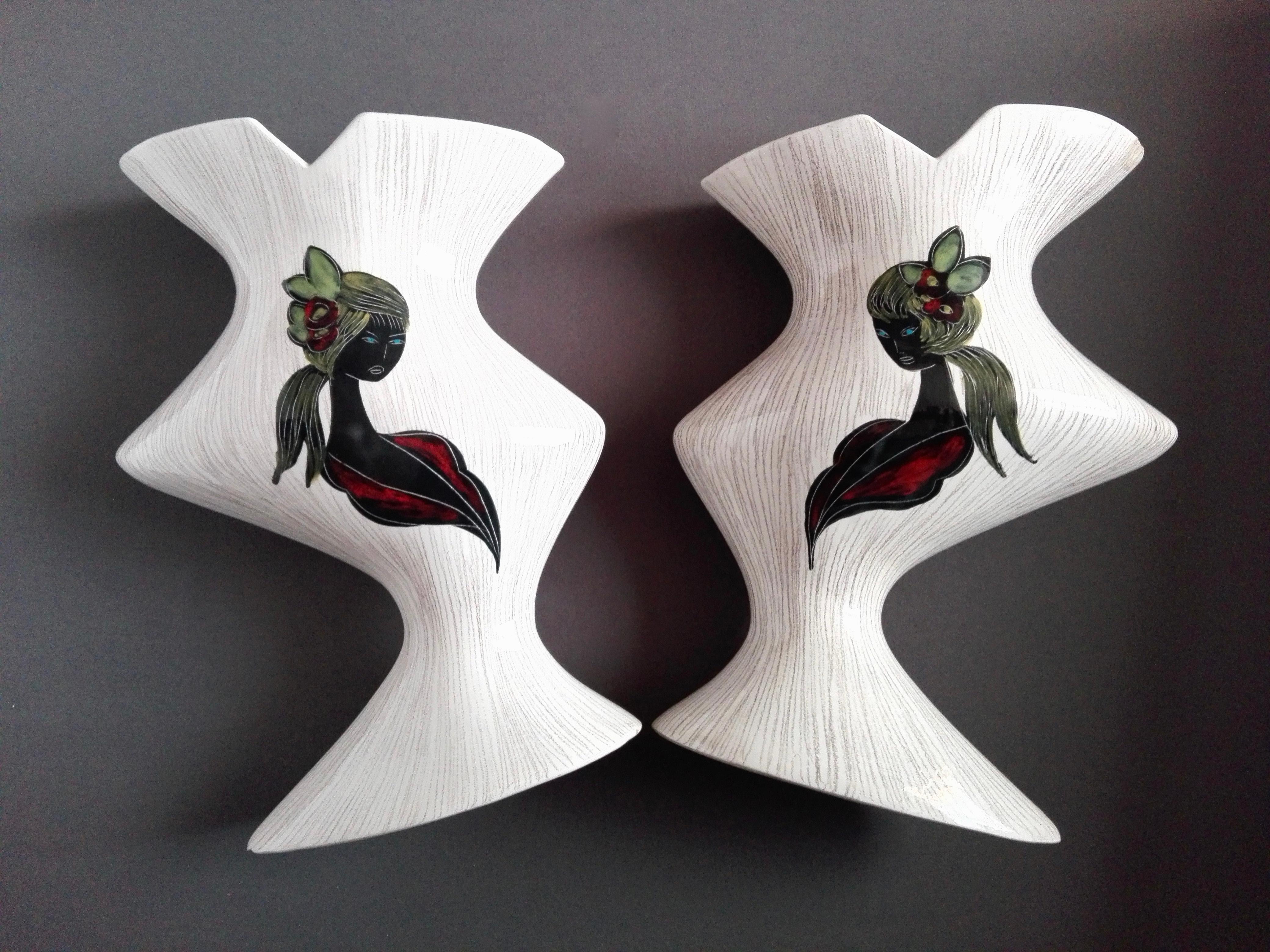 Mid-Century Modern 1950s Italian Ceramic Vintage Asymmetrical Decorated Vases, a Pair For Sale