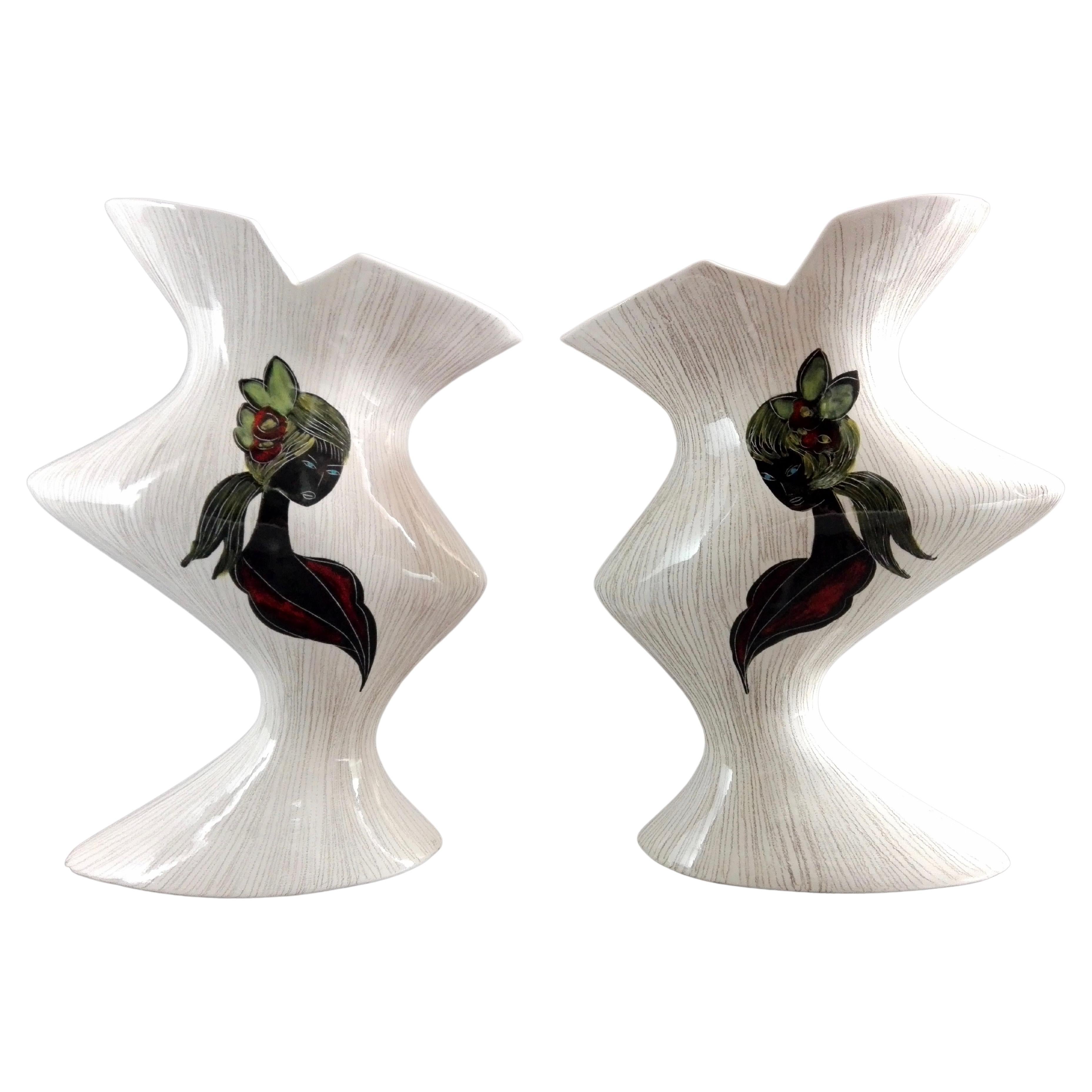 1950s Italian Ceramic Vintage Asymmetrical Decorated Vases, a Pair For Sale