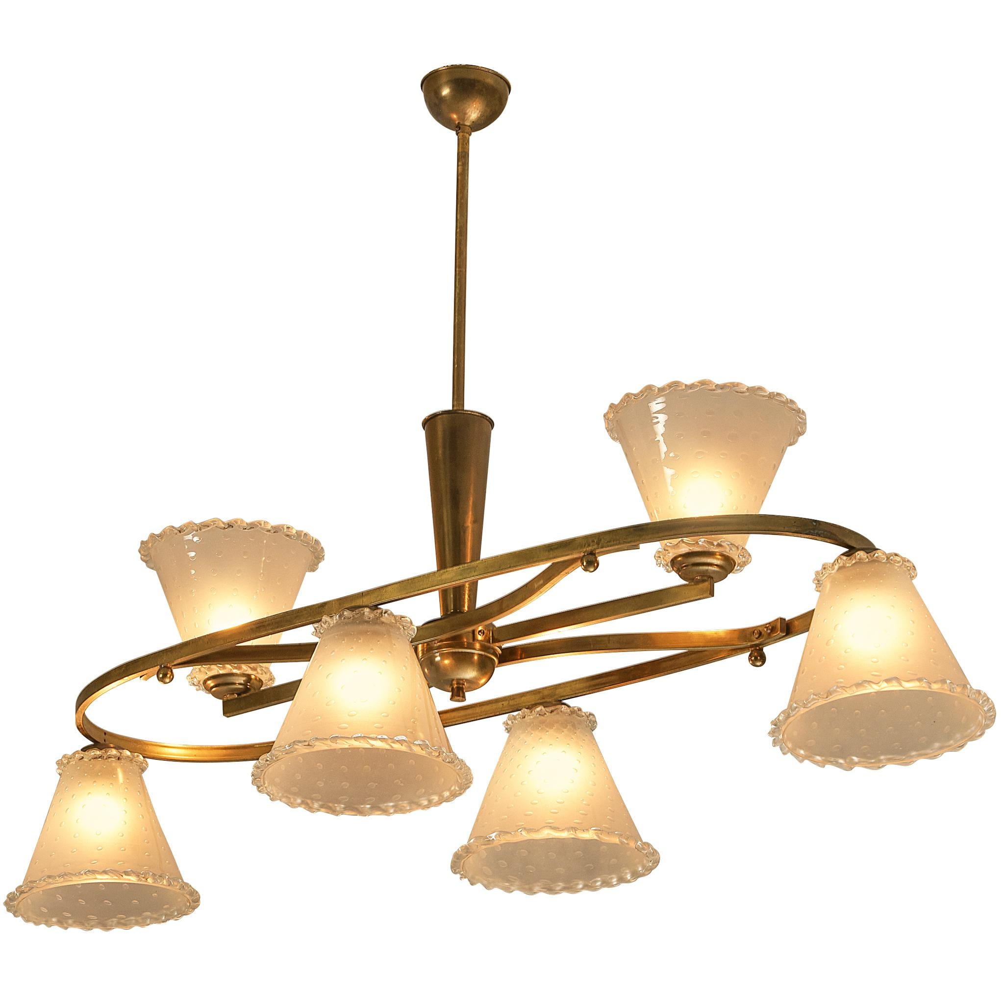 1950s Italian Chandelier in Brass and Frosted Glass Shades