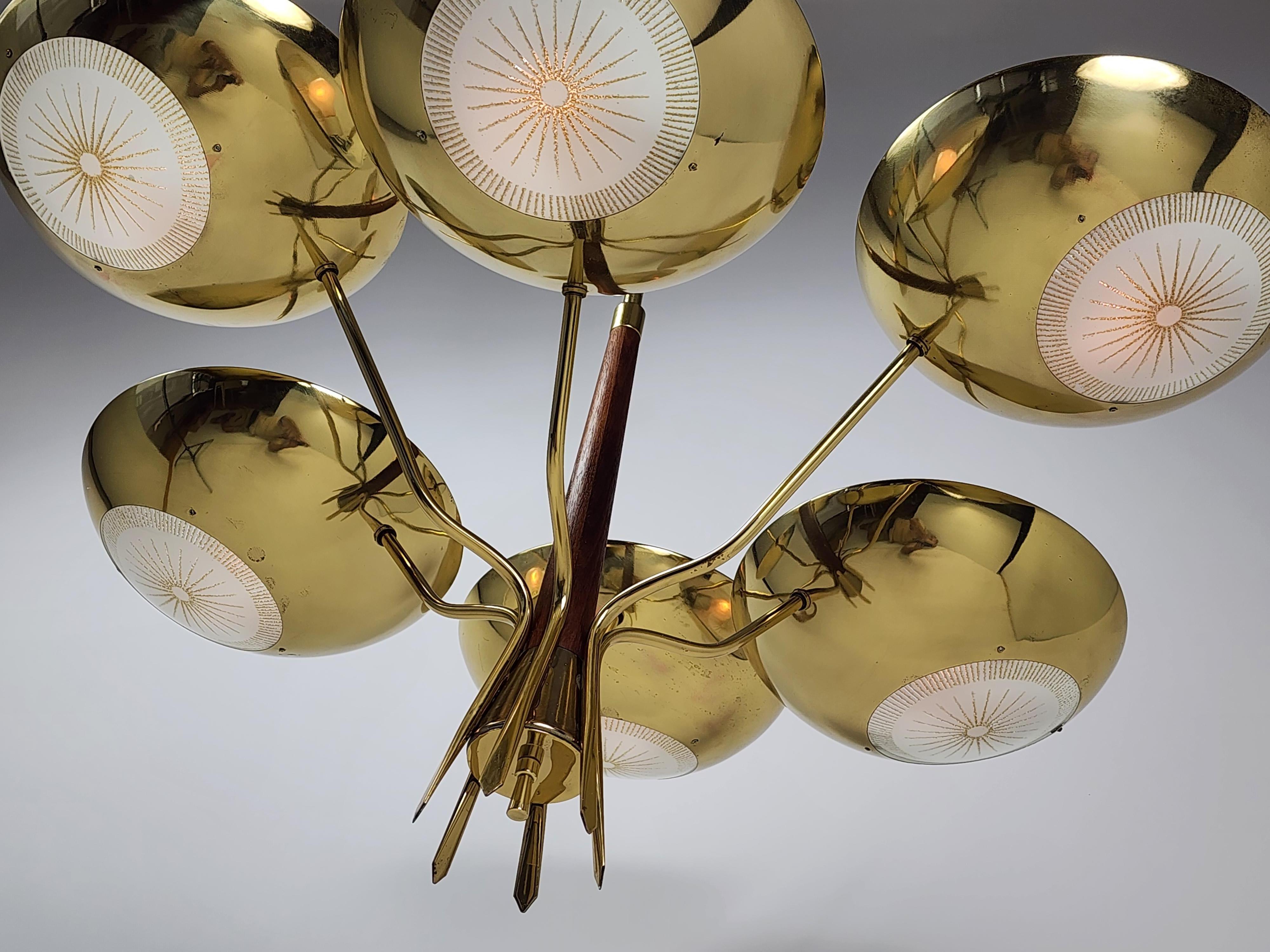 Italian chandelier  made of brass , glass and walnut . 

In the manners of Stilnovo , Oscar Torlasco , Fontana Arte model '1963' . 

Contain 6  E26 size ceramic socket rated at 60 watt . 