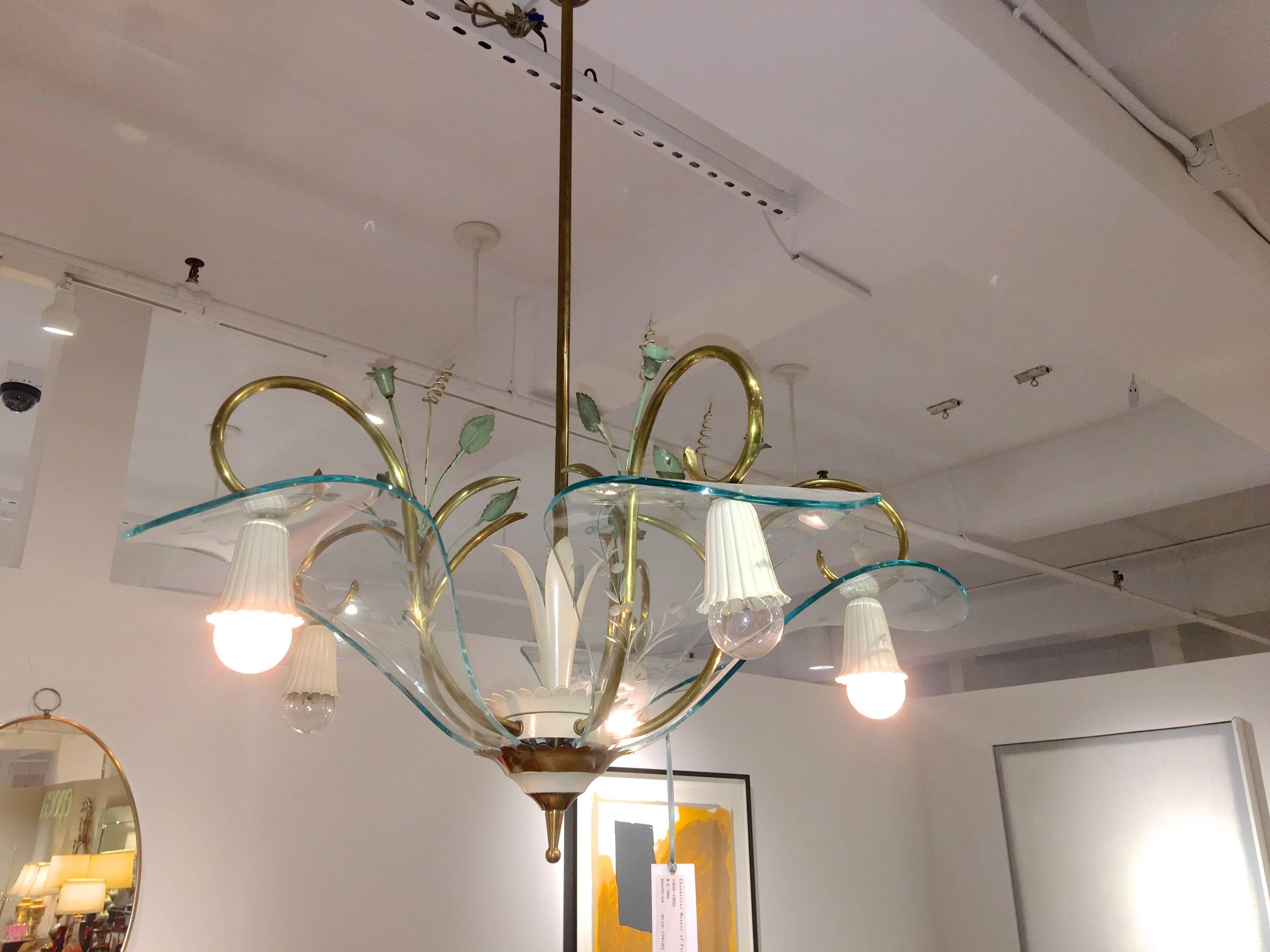 Mid-Century Modern 1950's Italian Chandelier Manner of Fontana Arte Etched Curved Glass Petals For Sale