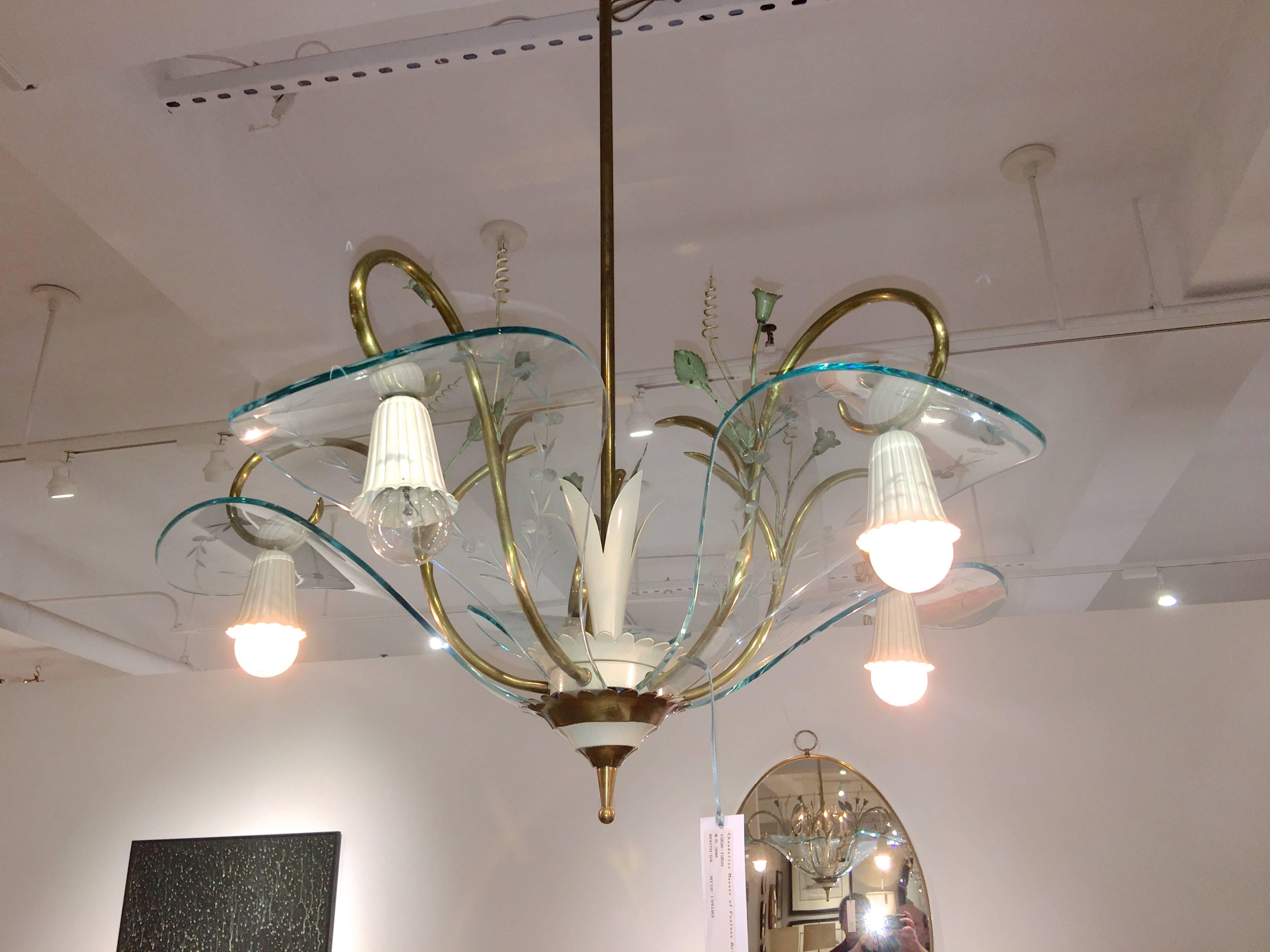 Enameled 1950's Italian Chandelier Manner of Fontana Arte Etched Curved Glass Petals For Sale