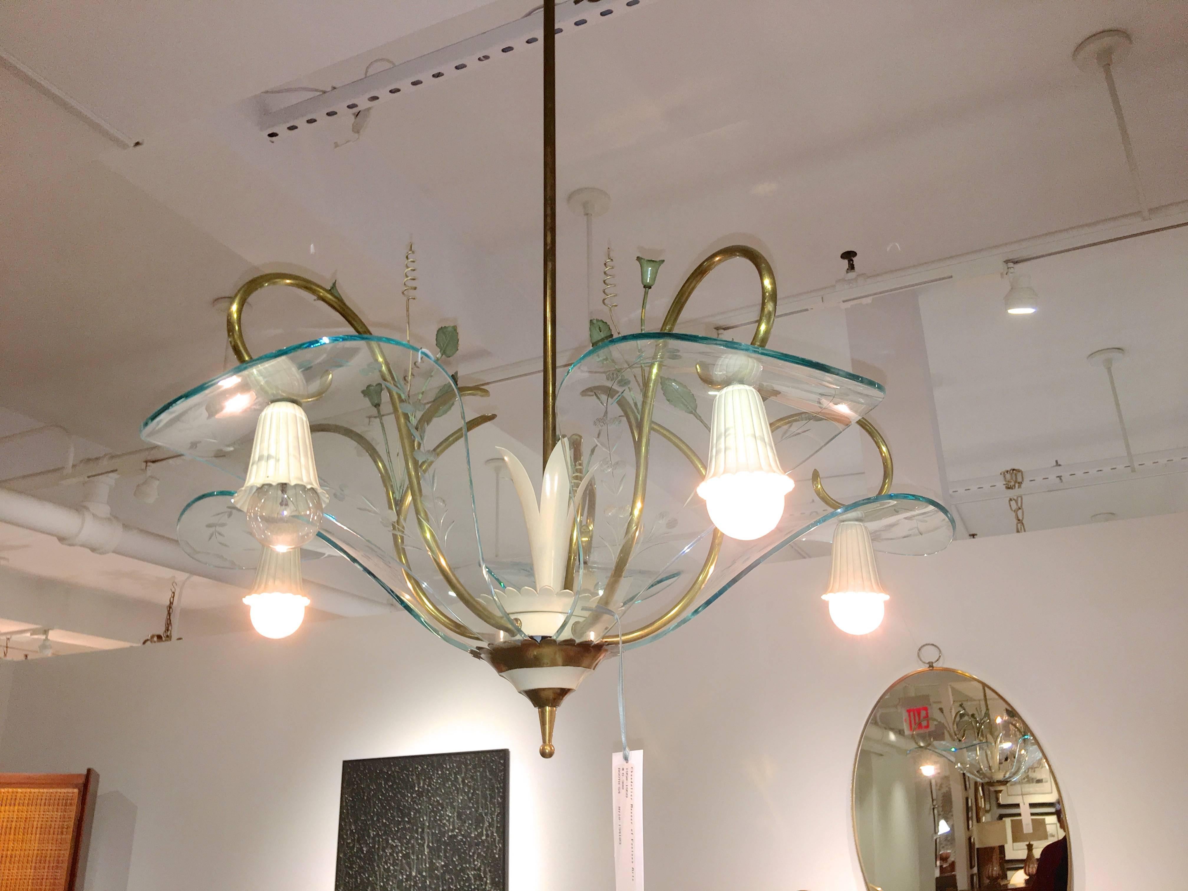 Mid-20th Century 1950's Italian Chandelier Manner of Fontana Arte Etched Curved Glass Petals For Sale