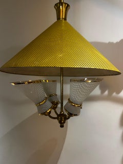 1950s Italian Chandelier, Yellow Perforated Metal, Brass Structure