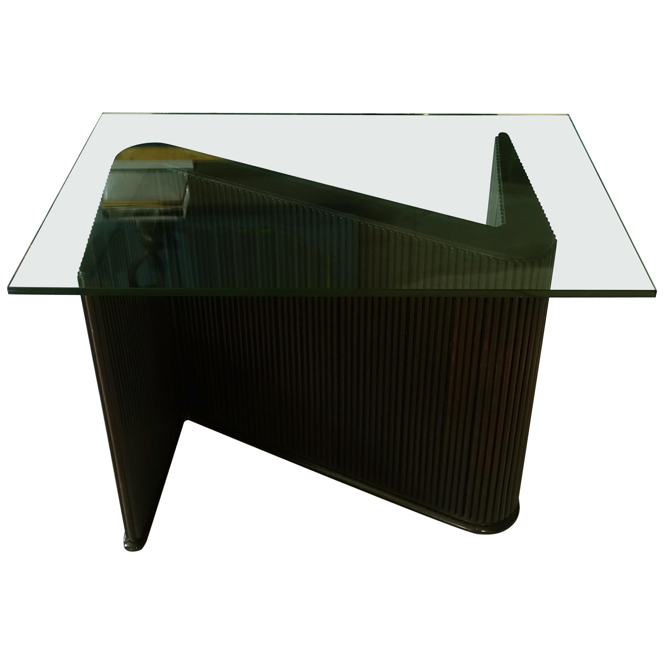 1950's Italian Channeled Palisander Wood Z Shape Side Table Glass Top For Sale