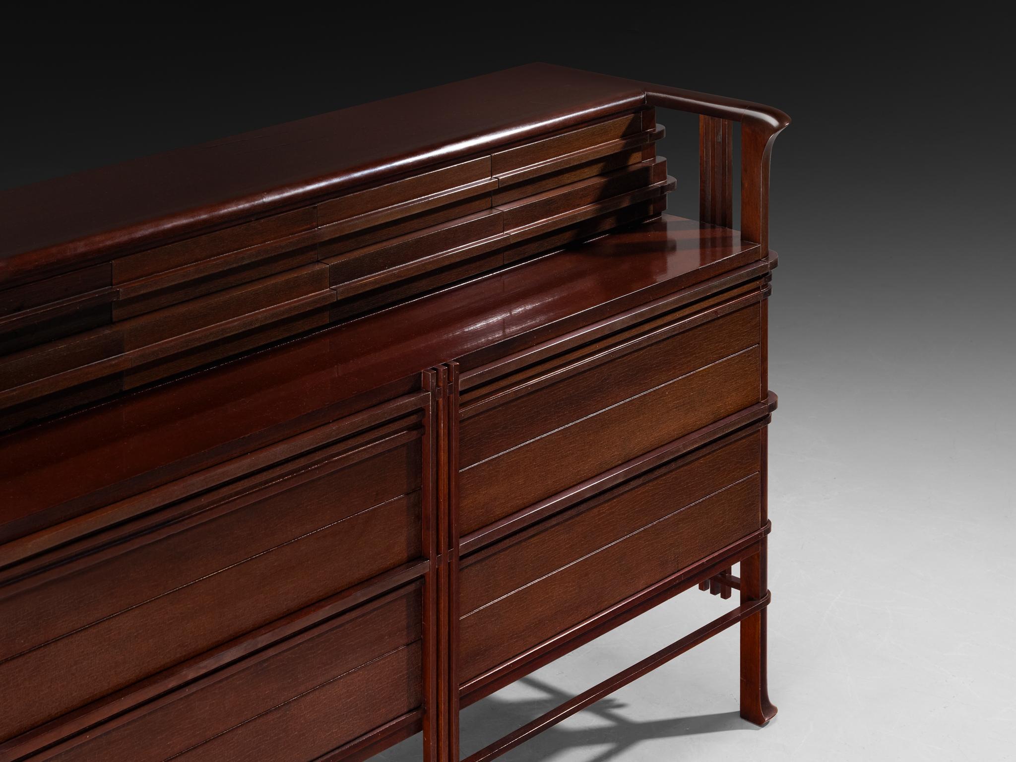 Art Deco 1950s Italian Chest of Drawers in Dark Red Stained Wood For Sale