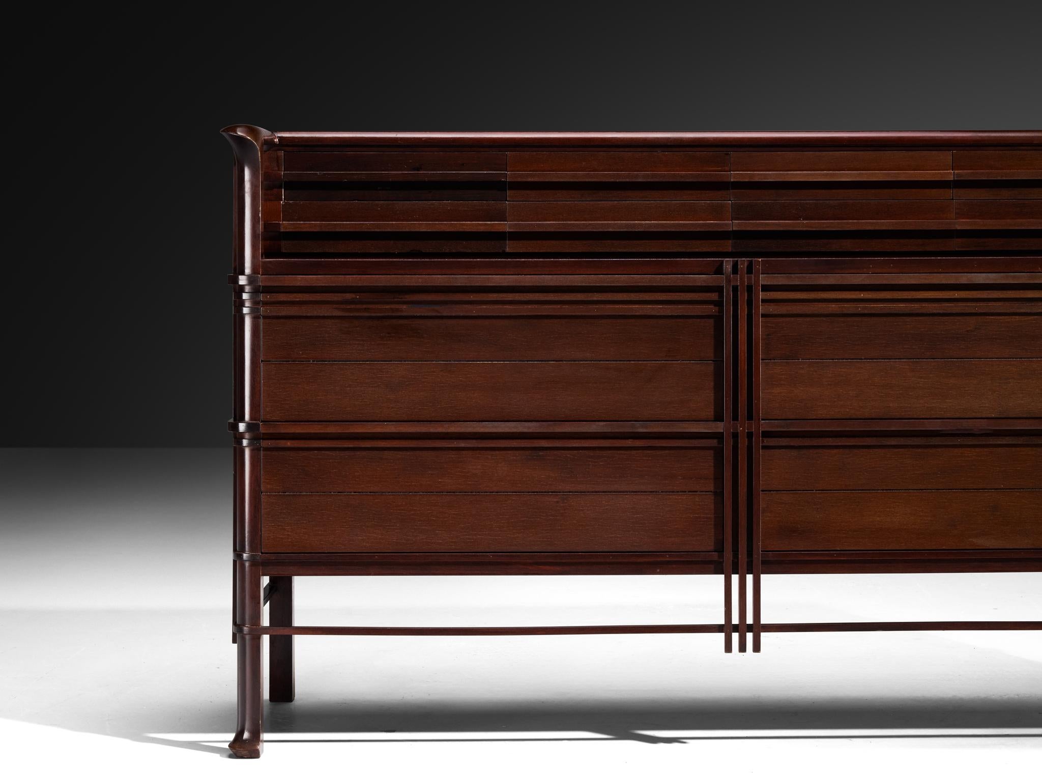 Mid-20th Century 1950s Italian Chest of Drawers in Dark Red Stained Wood For Sale