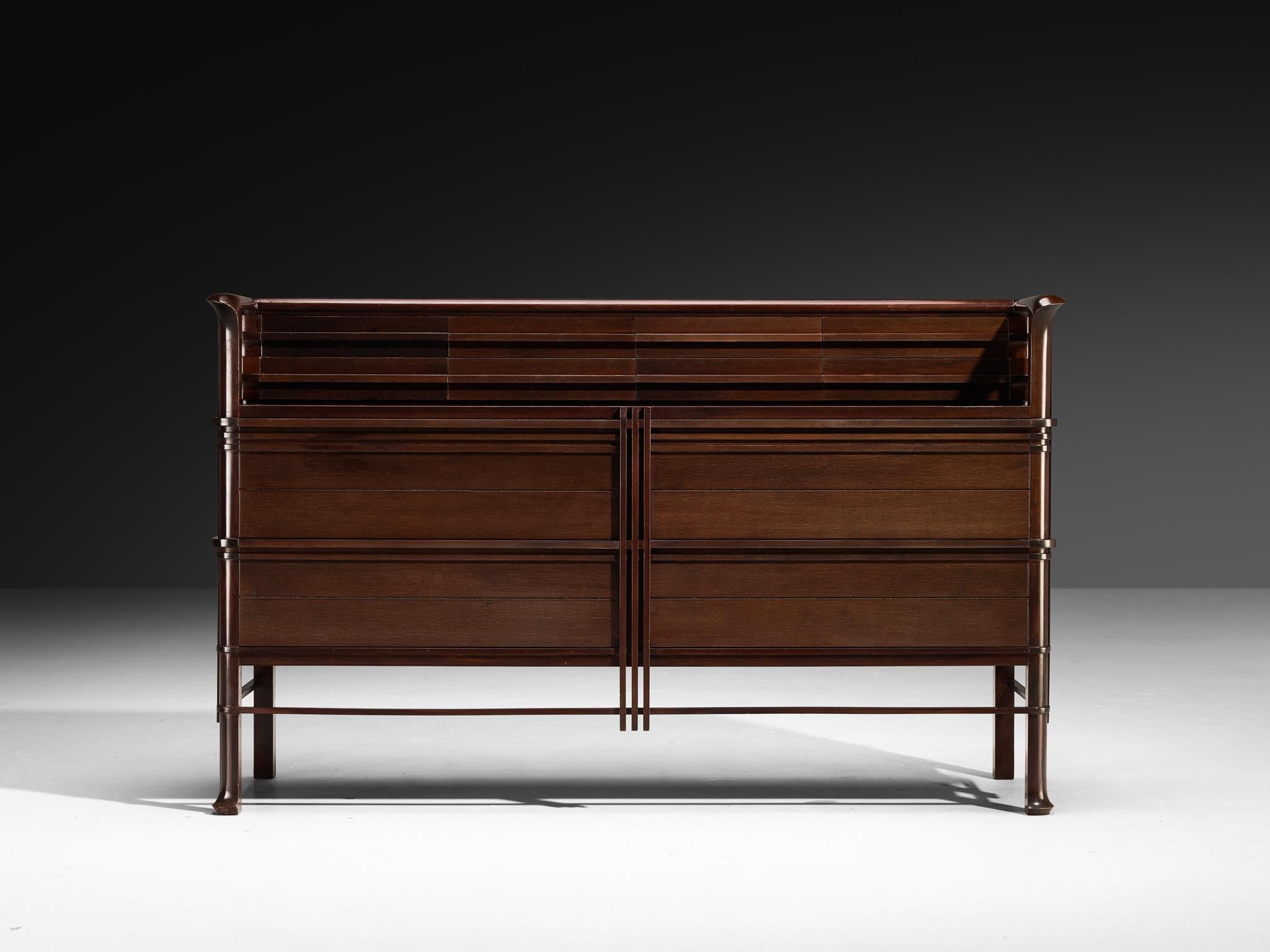 Beech 1950s Italian Chest of Drawers in Dark Red Stained Wood For Sale