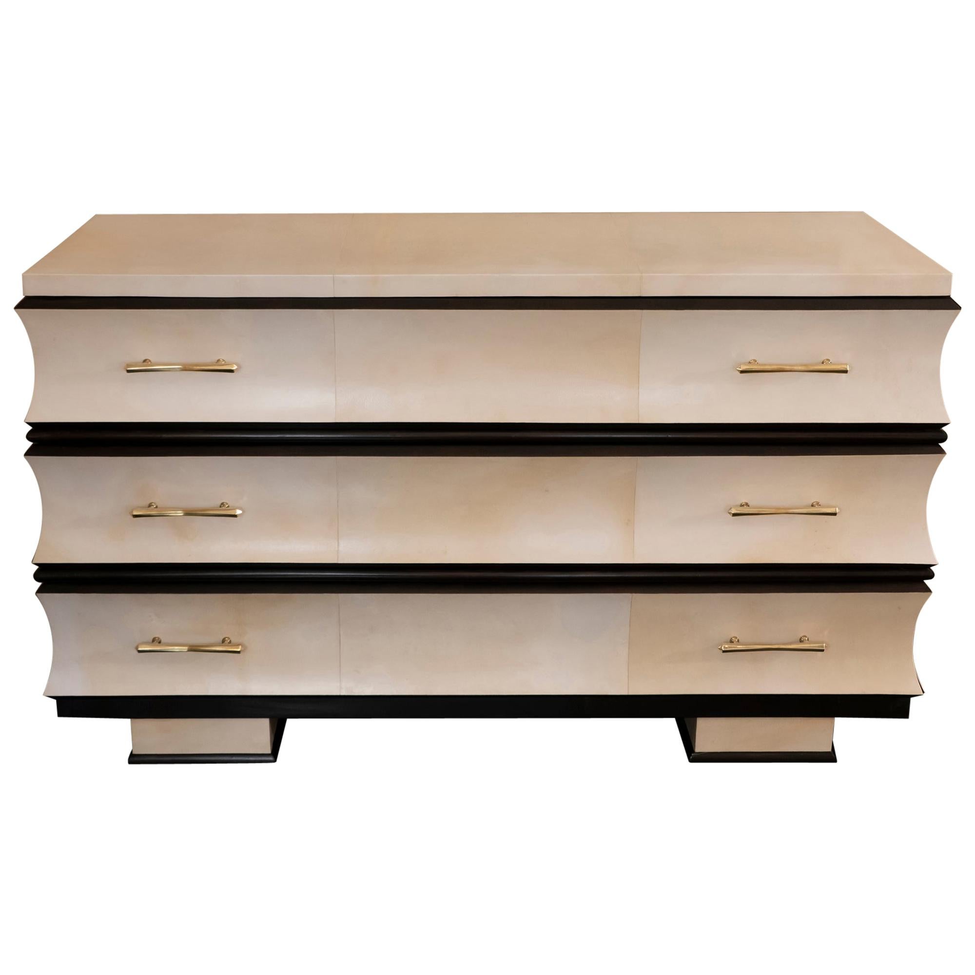 1950s Italian Chest of Drawers, Parchment and Ebonized Wood, Brass Details