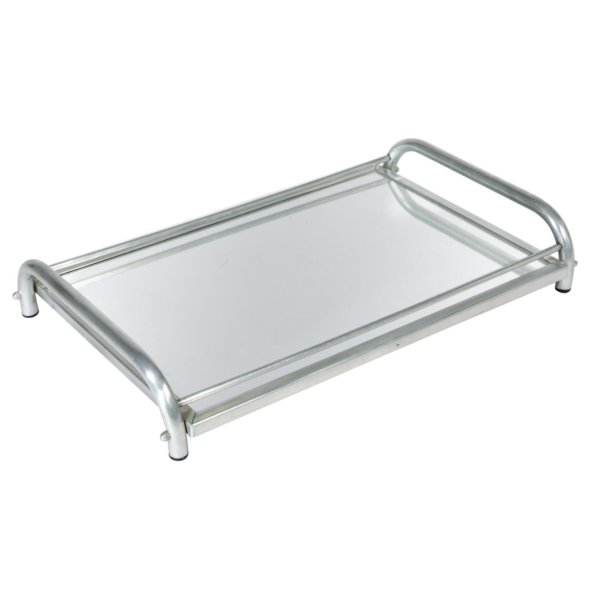 Vintage Rectangle Mirror Vanity Tray Glass & Metal Modern Mid Century