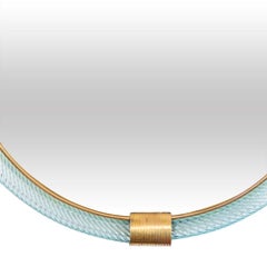 1950s Italian Circular Mirror Light Blue Ritorto Blown Murano Glass by Seguso