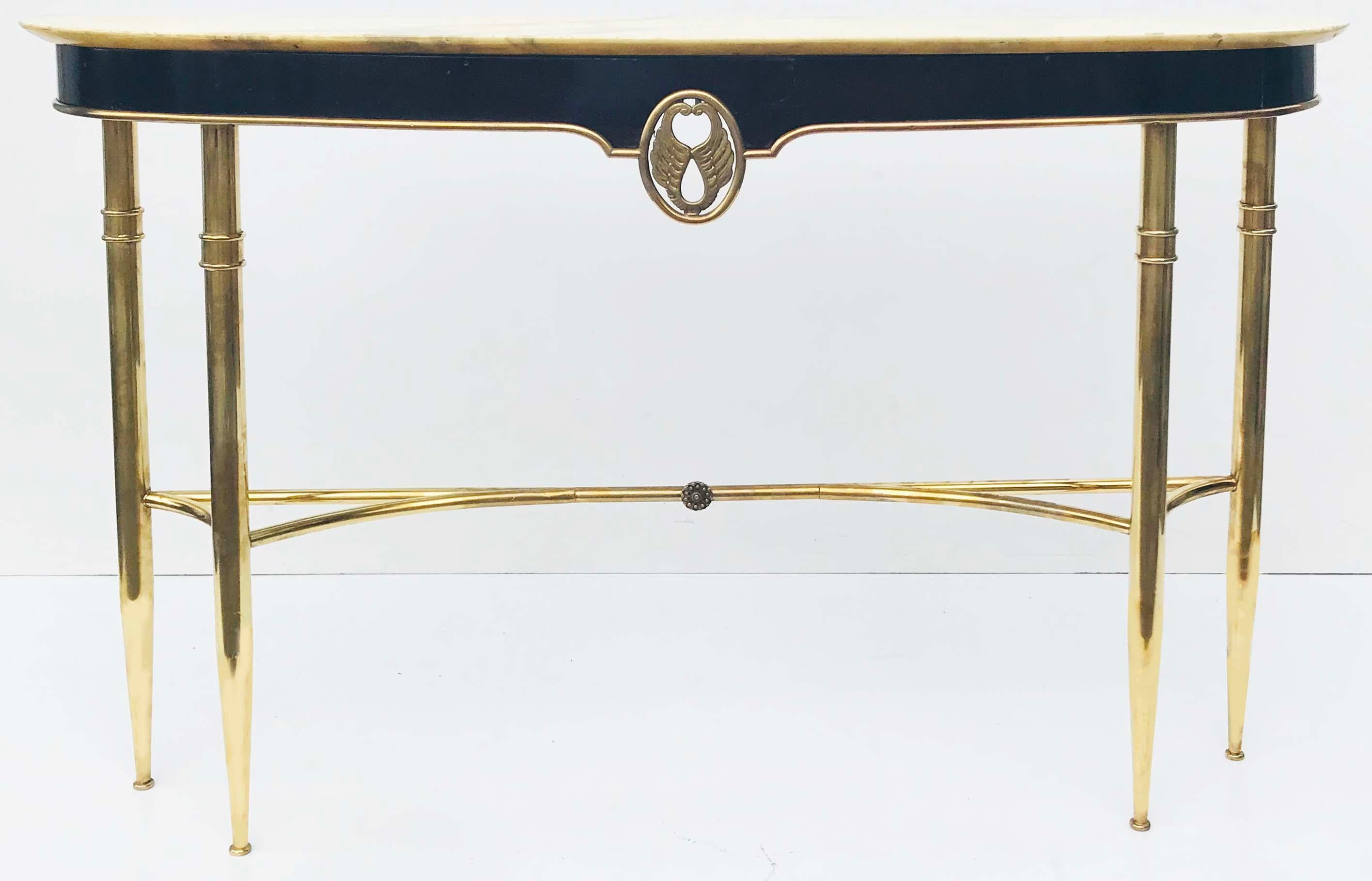 Superb 4 legs 1940s Italian Console 
Large unusual model, brass mahogany and sienna marble.
Newly restored and refinished.