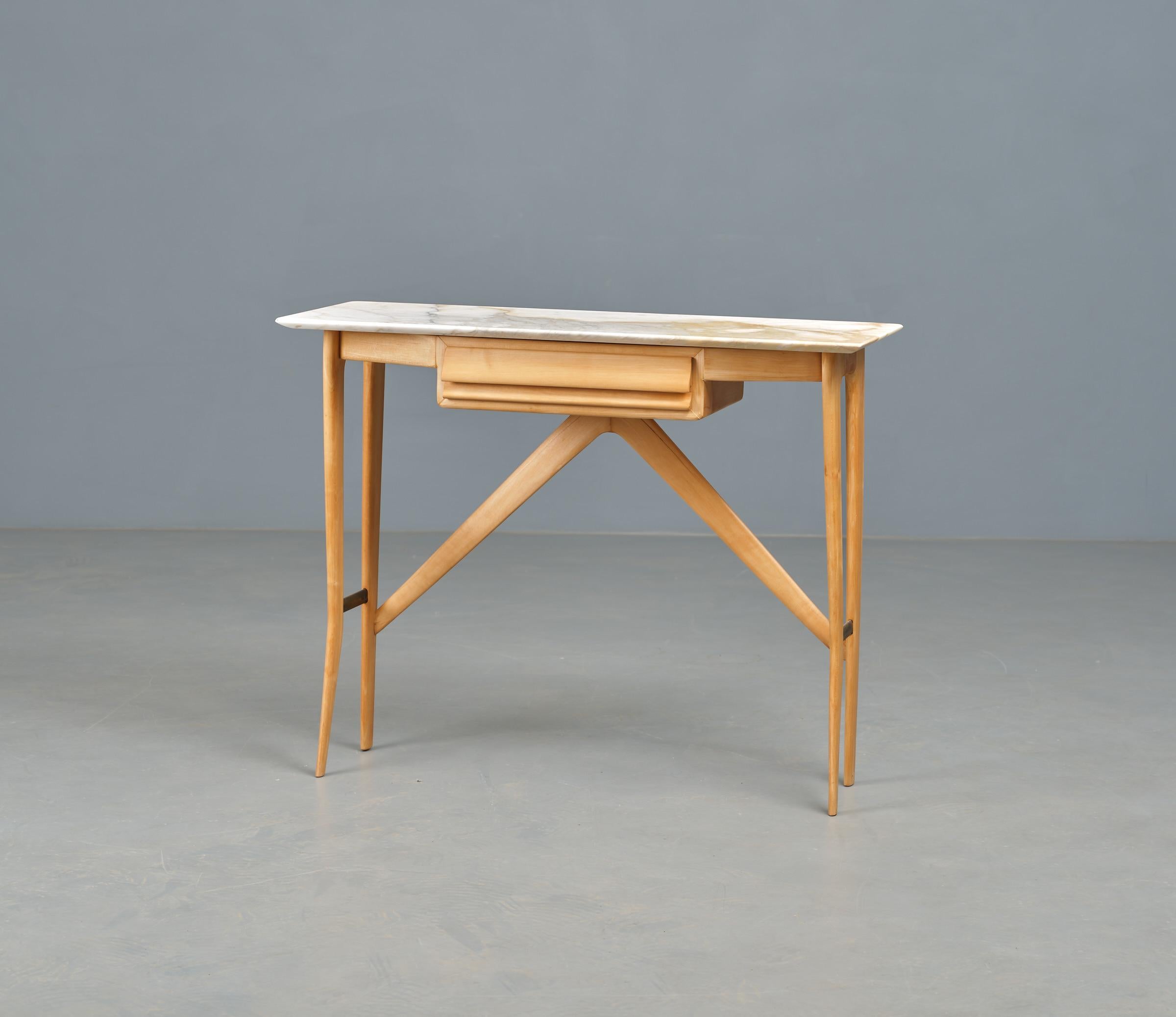 1950s Italian Console in Blonde Ash Wood  with Marble Top In Good Condition In Rome, IT