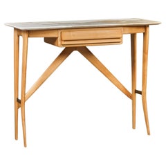 1950s Italian Console in Blonde Ash Wood  with Marble Top