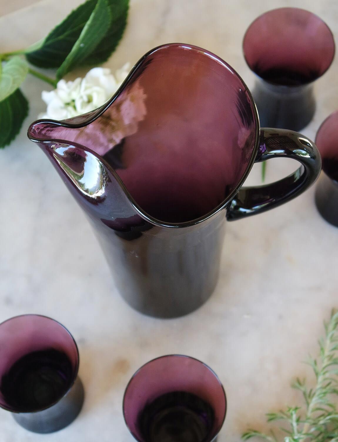 1950s Italian Cranberry Hand-Blown Empoli Glass Jug and Glasses Set 1