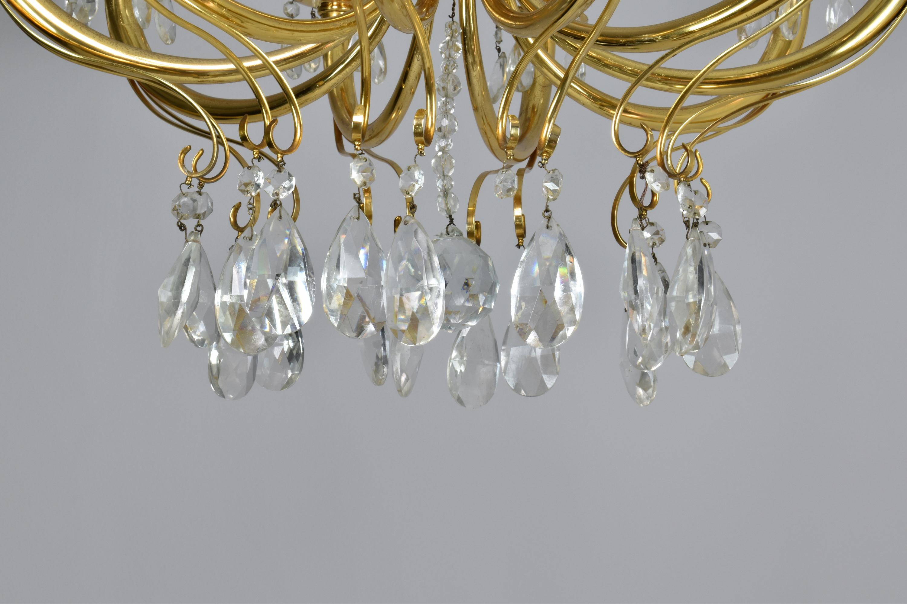 Gold Plate 1950's Italian Crystal Chandelier by Oscar Tolasco for Lumi Milano For Sale