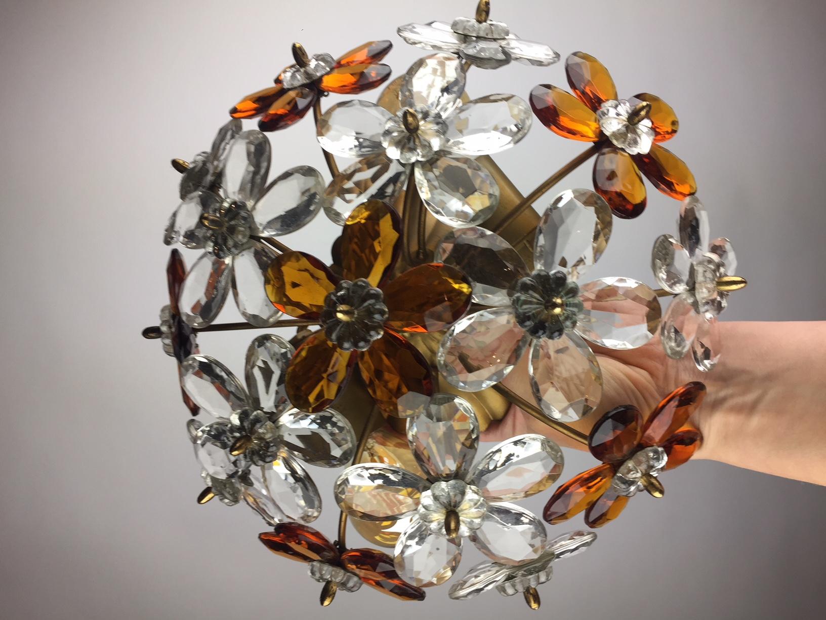 Italian  Floral Flush Mount With Crystal Flowers , Italy, Mid-20th Century 