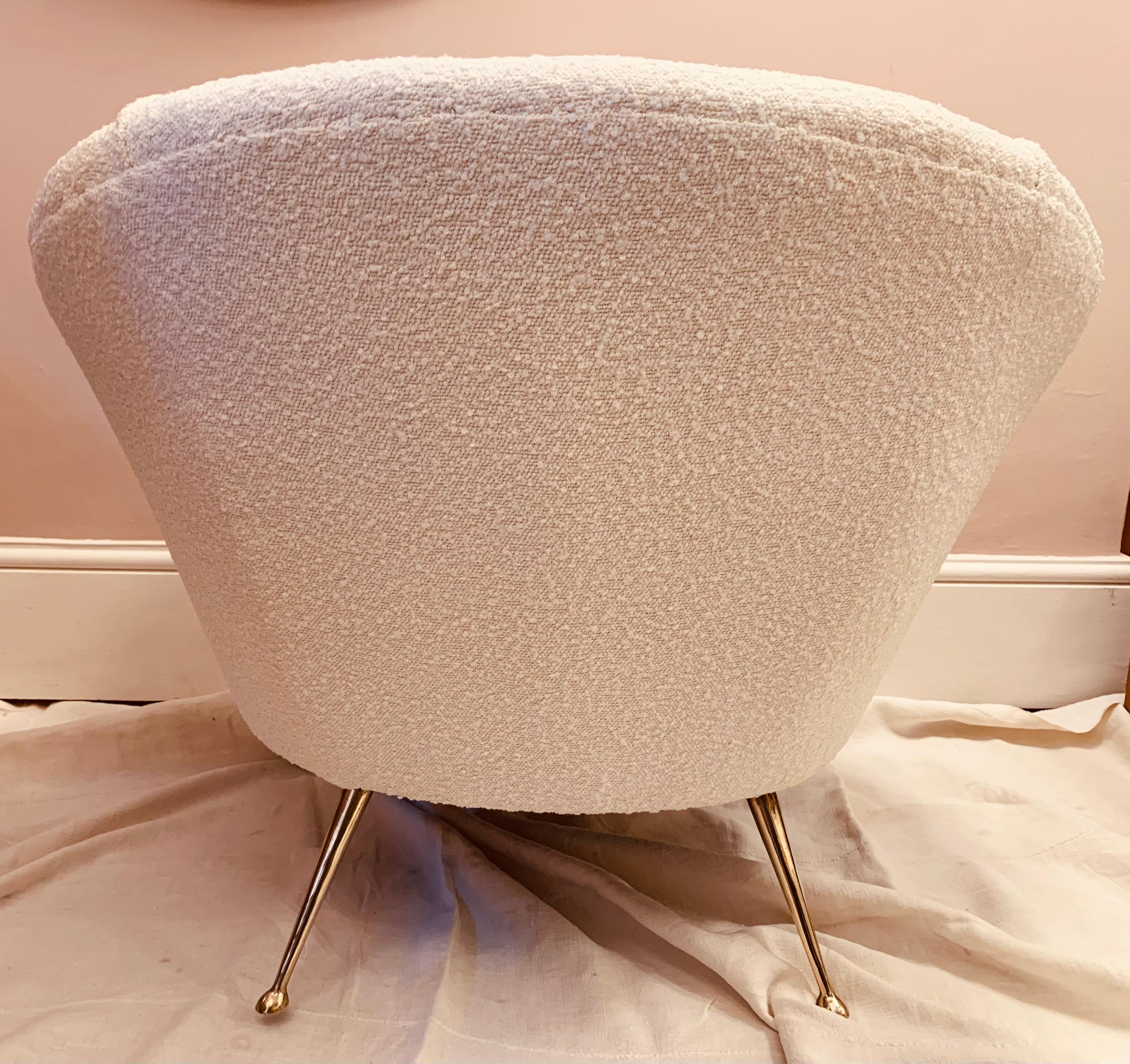 1950s Italian Curved Boucle Armchair with Tapered Splayed Brass Legs Gio Ponti 8