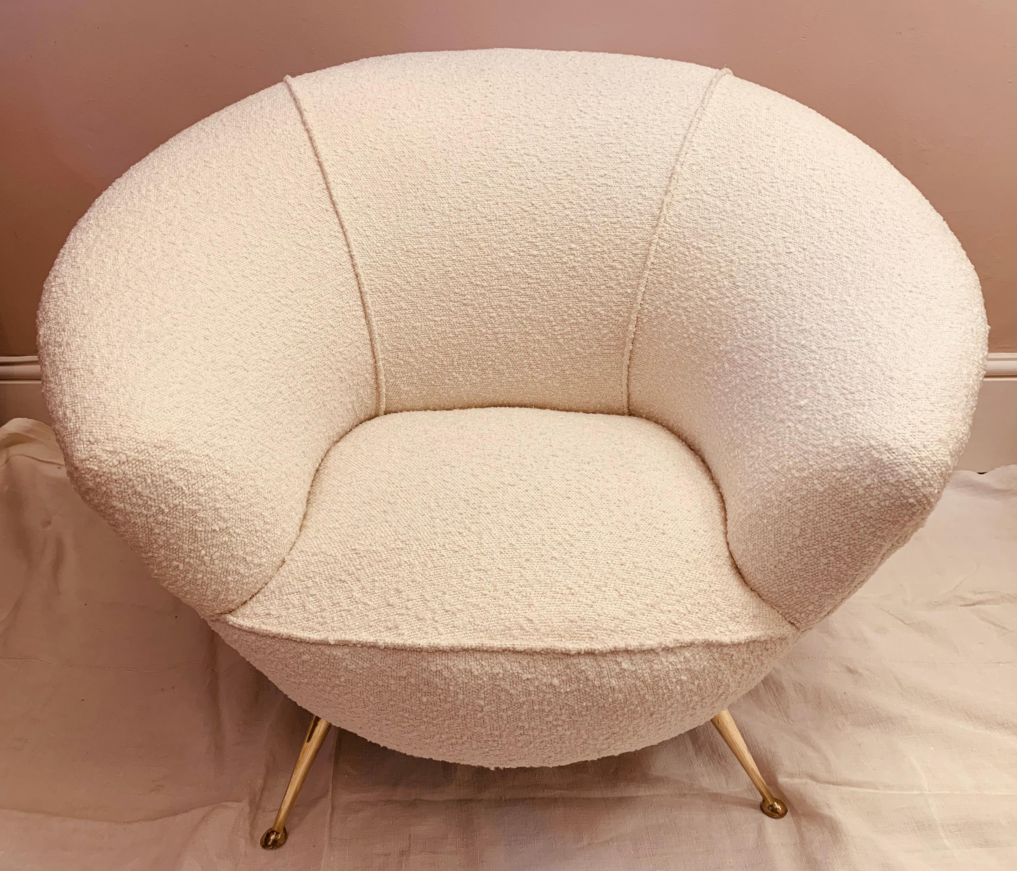 Mid-Century Modern 1950s Italian Curved Boucle Armchair with Tapered Splayed Brass Legs Gio Ponti