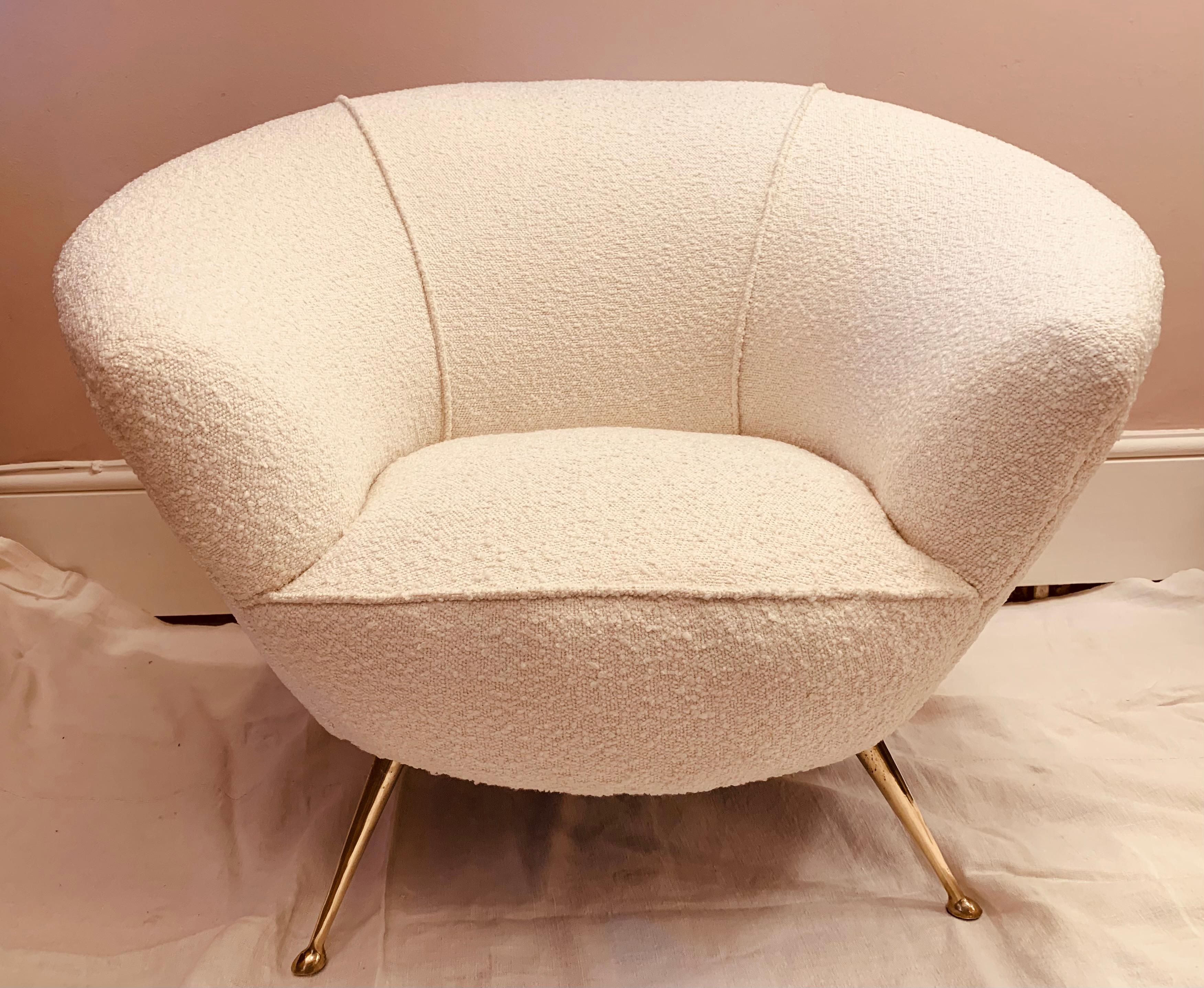 20th Century 1950s Italian Curved Boucle Armchair with Tapered Splayed Brass Legs Gio Ponti