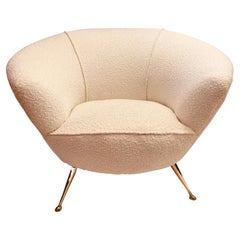 1950s Italian Curved Boucle Armchair with Tapered Splayed Brass Legs Gio Ponti