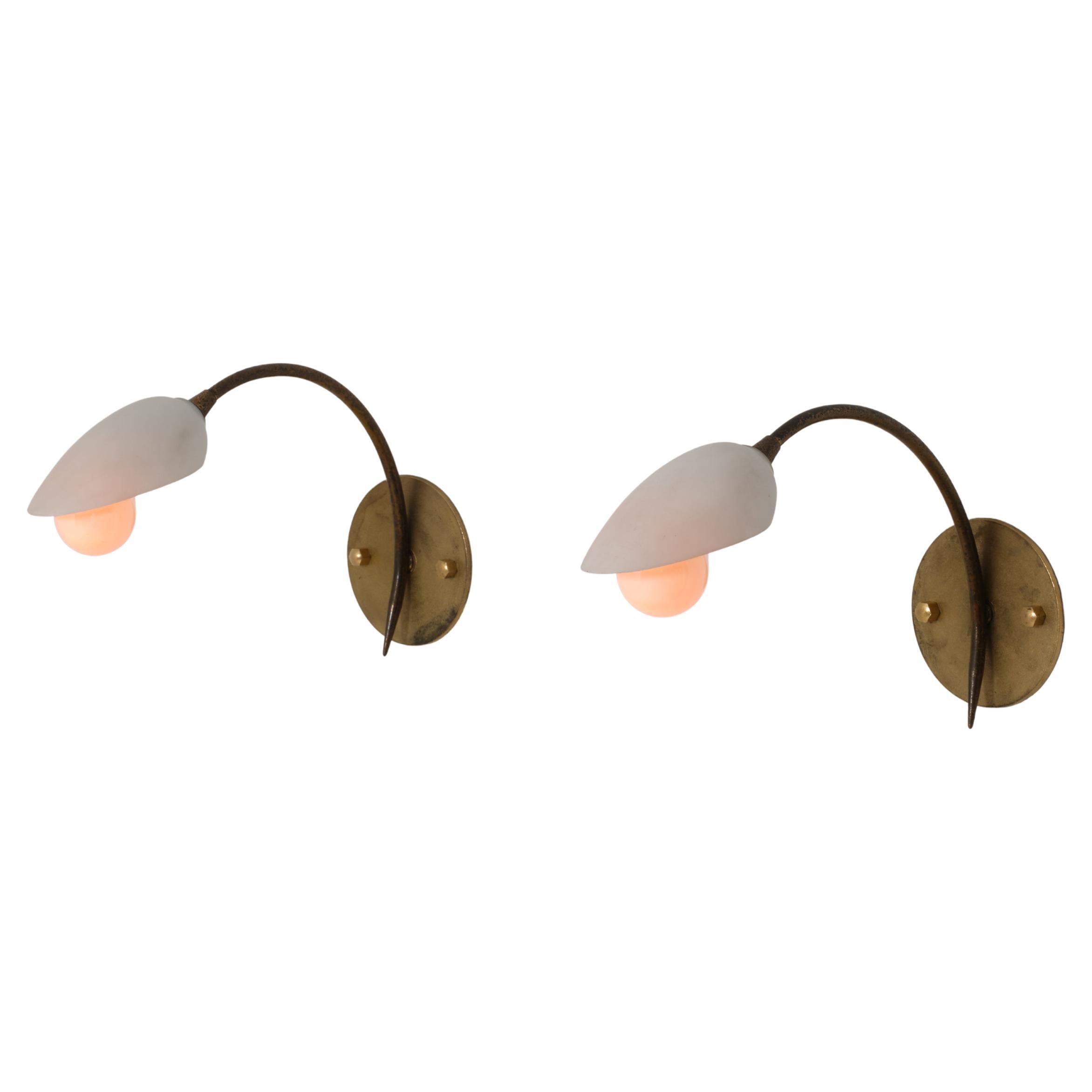 1950s Italian Curved Brass and Opaline Glass Sconces