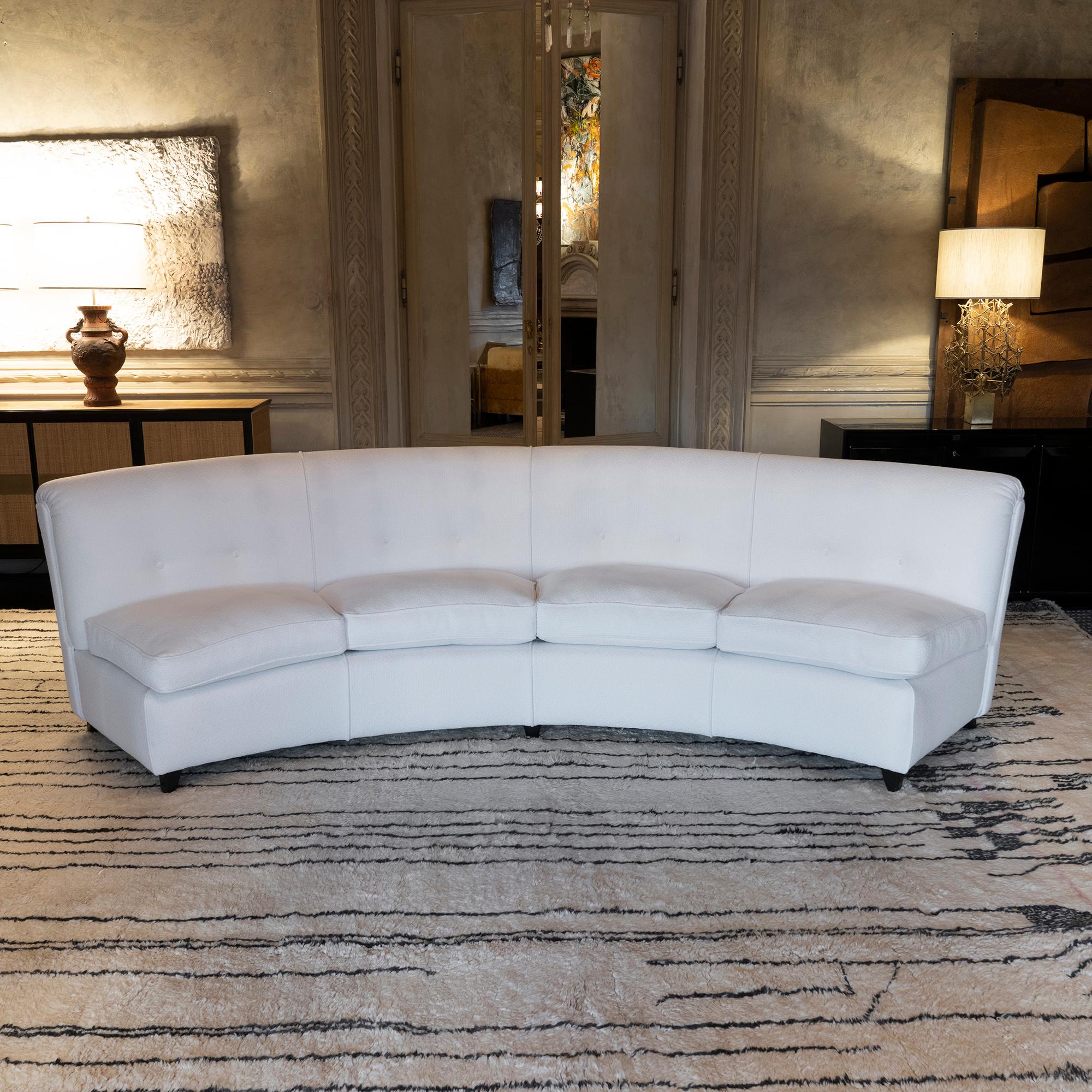 1950's Italian Curved Sofa White Woven Jacquard Fabric For Sale 1