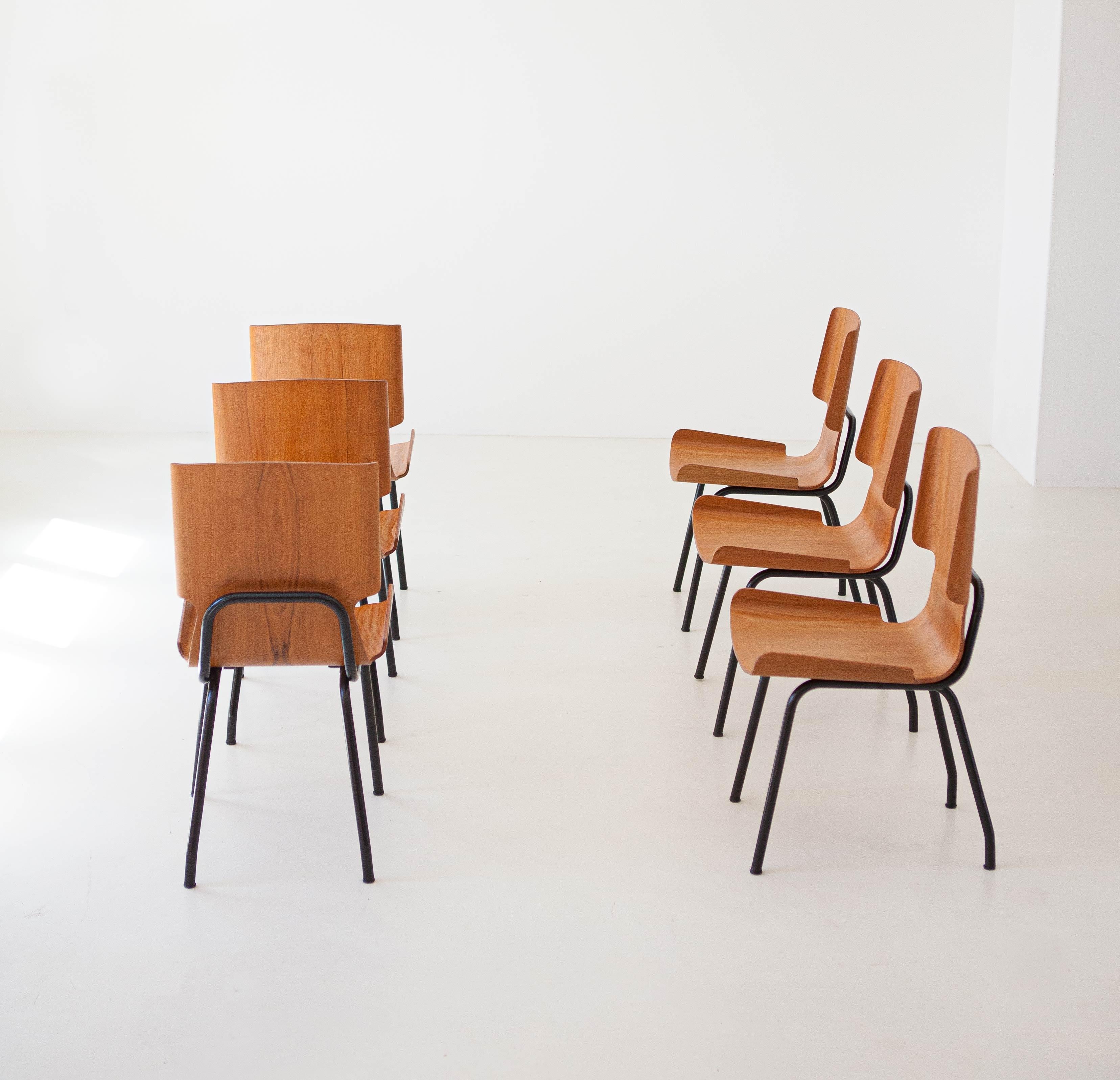 1950s Italian Curved Teak Chairs by SCC Societa’ Compensati Curvi, Set of Six For Sale 7