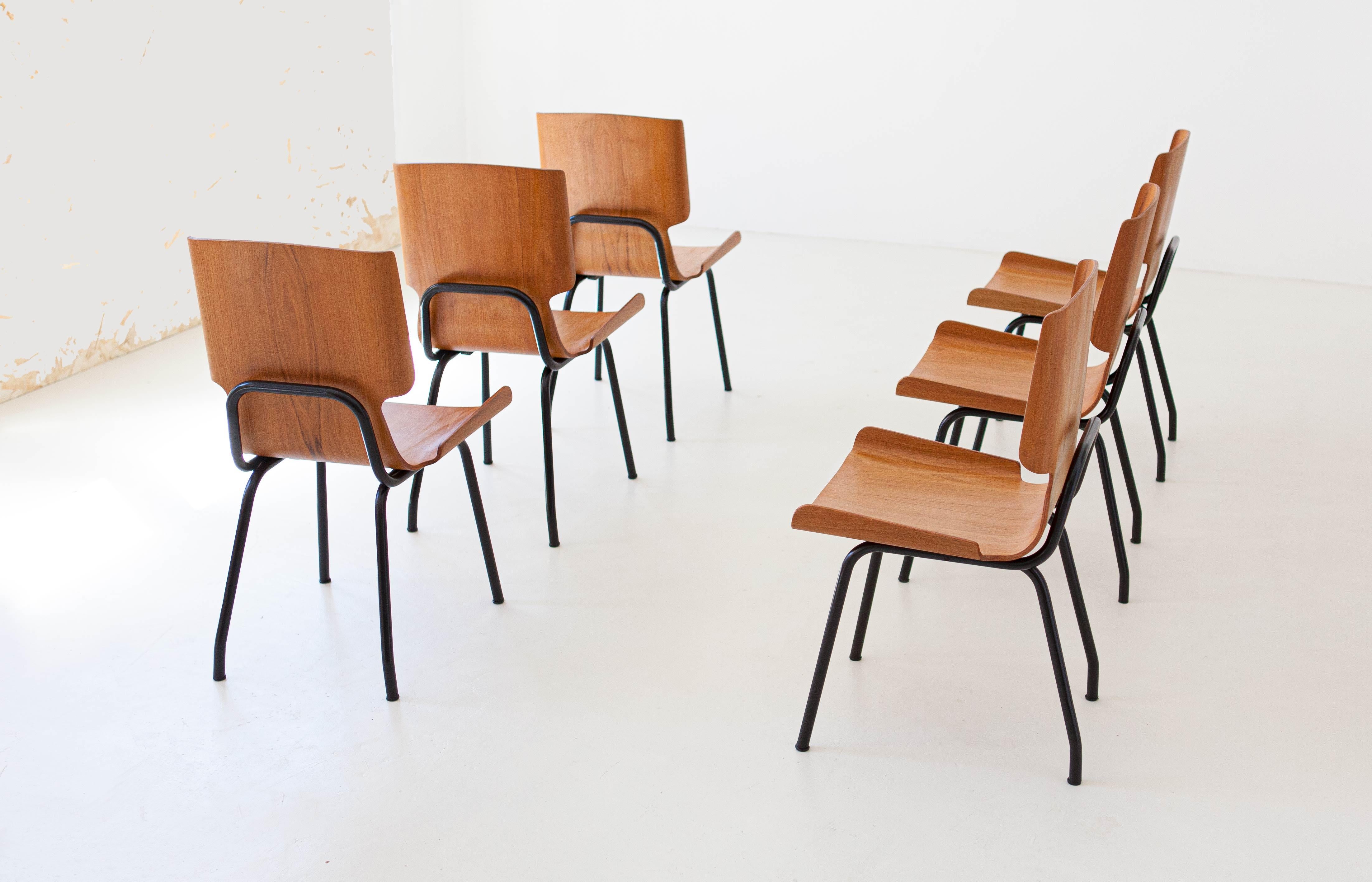 Mid-Century Modern 1950s Italian Curved Teak Chairs by SCC Societa’ Compensati Curvi, Set of Six For Sale