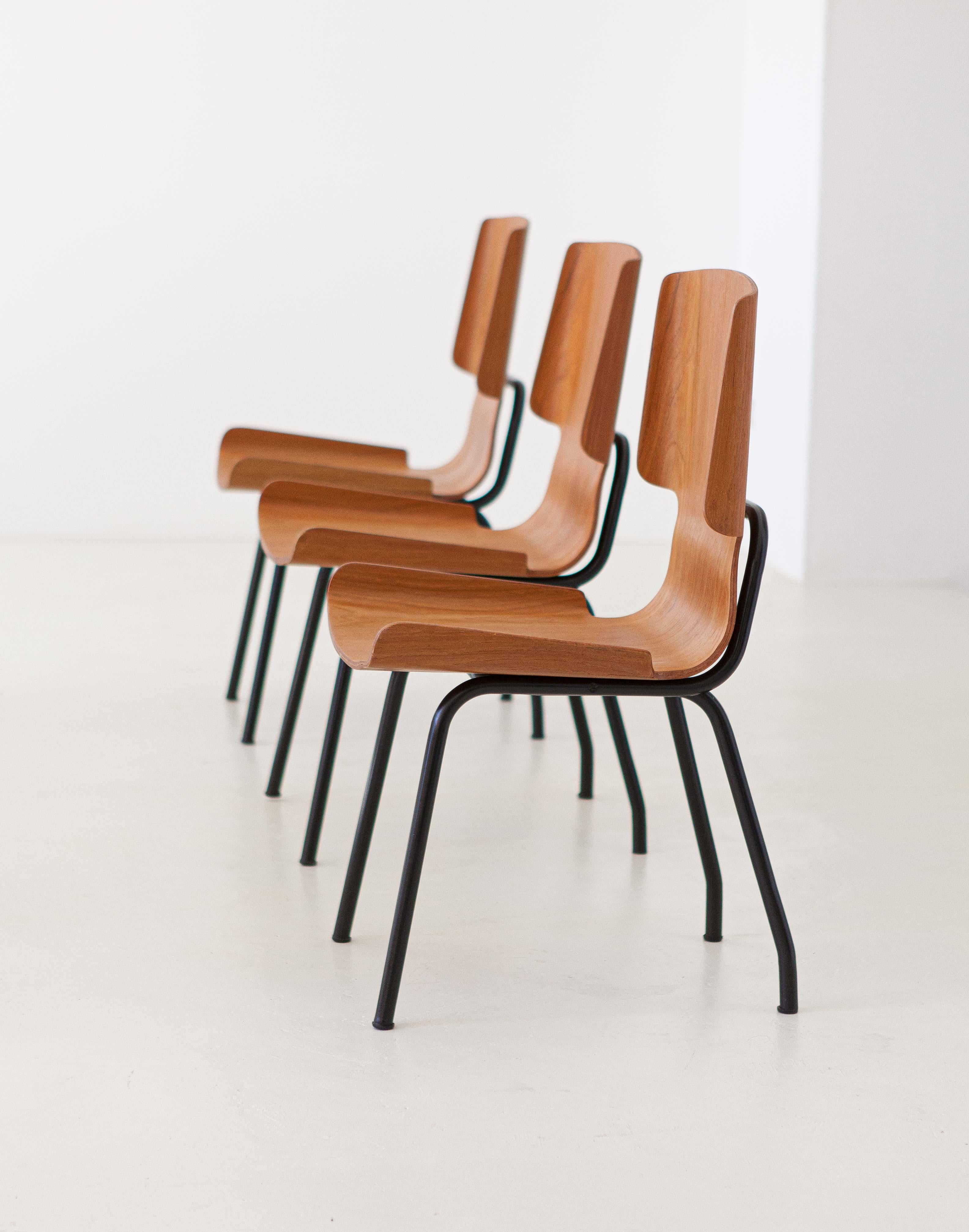 Mid-20th Century 1950s Italian Curved Teak Chairs by SCC Societa’ Compensati Curvi, Set of Six For Sale