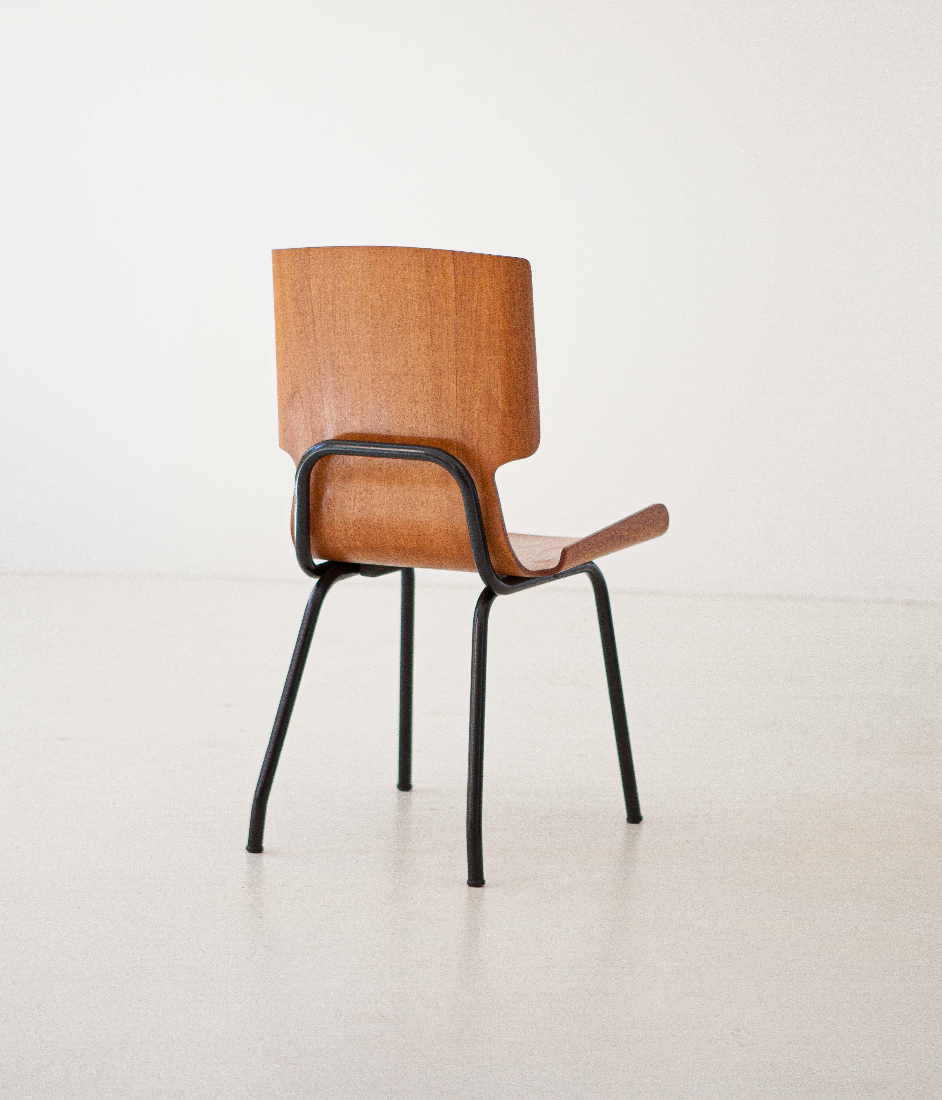 Iron 1950s Italian Curved Teak Chairs by SCC Societa’ Compensati Curvi, Set of Six For Sale