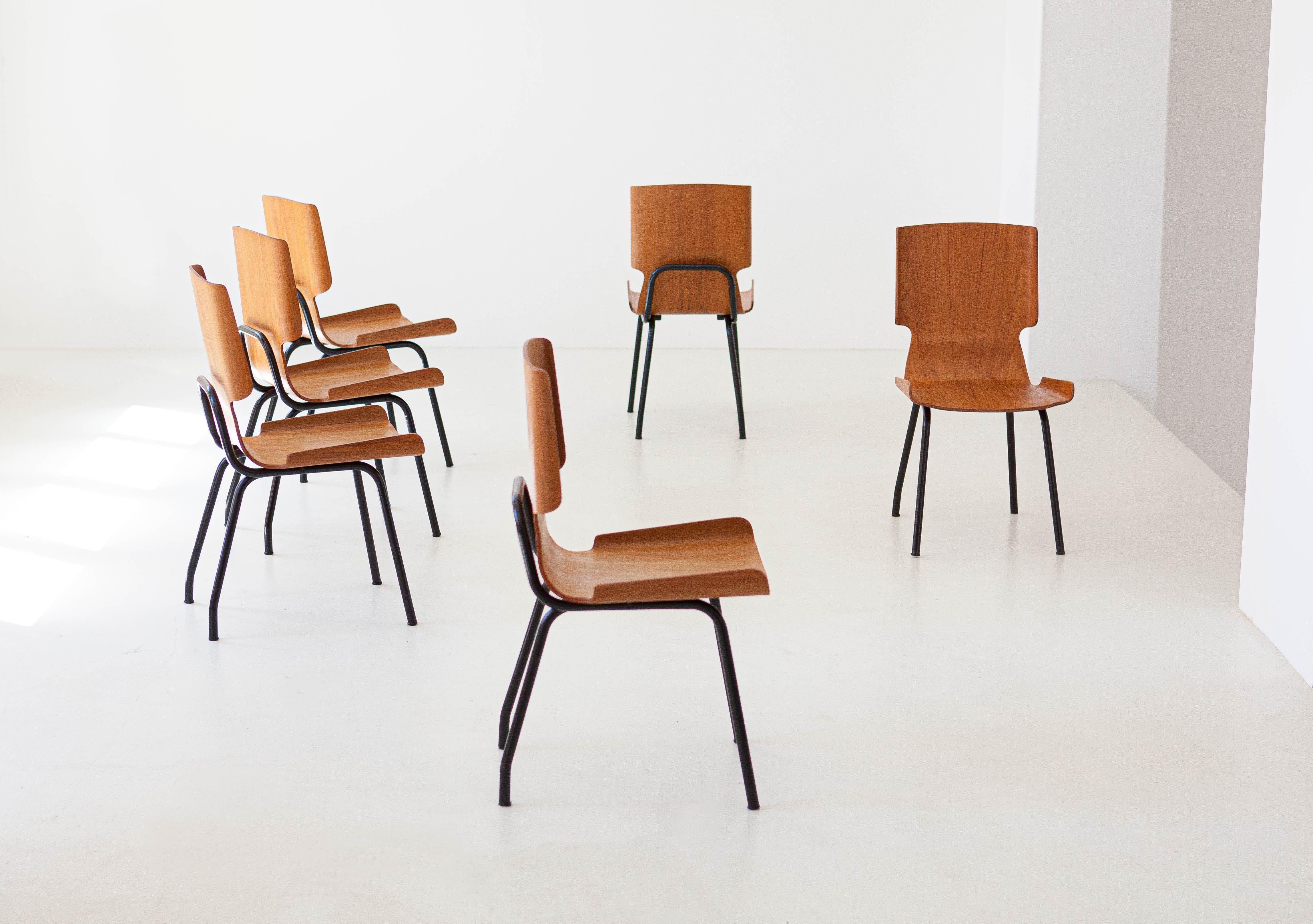 1950s Italian Curved Teak Chairs by SCC Societa’ Compensati Curvi, Set of Six For Sale 2