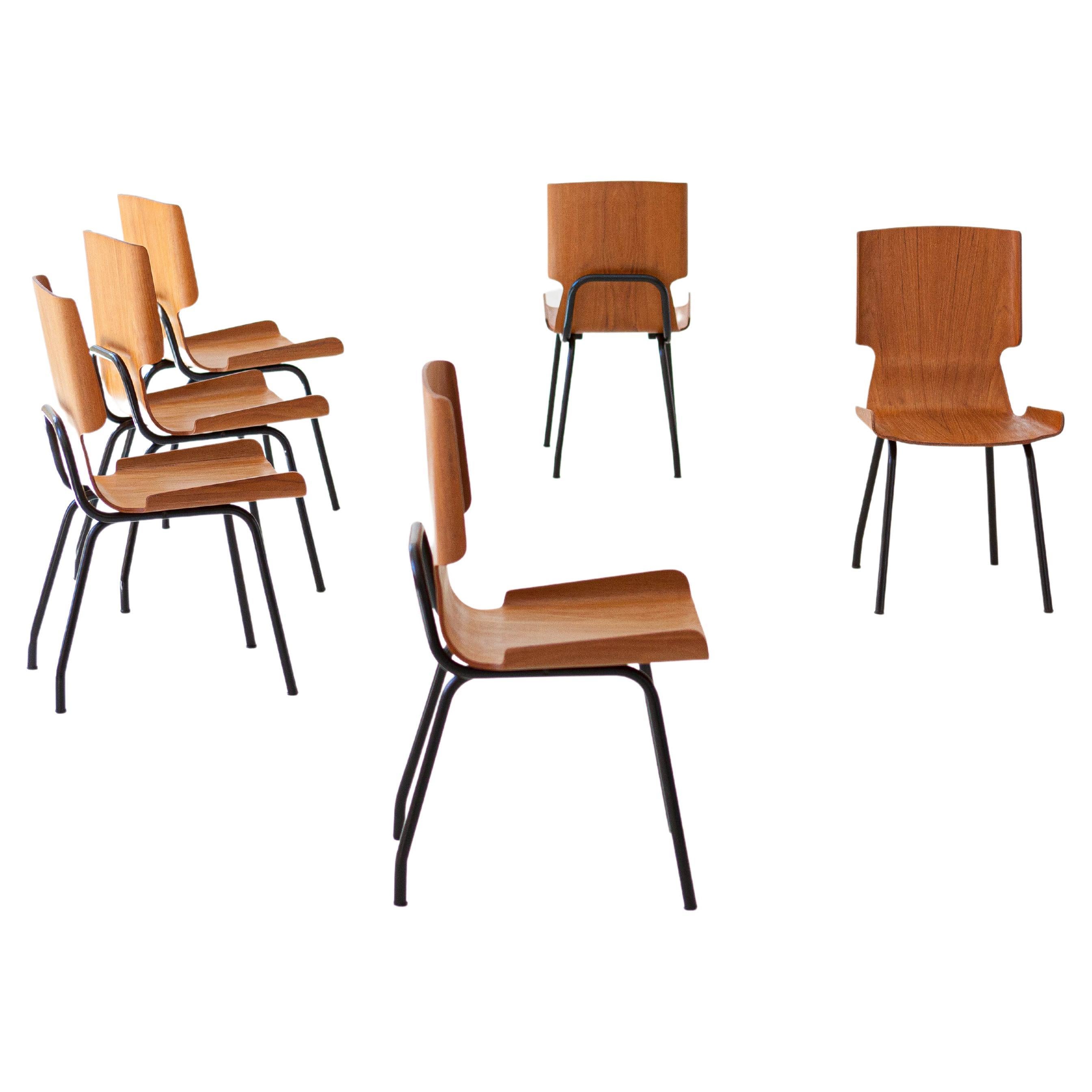 1950s Italian Curved Teak Chairs by SCC Societa’ Compensati Curvi, Set of Six For Sale