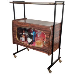 1950s Italian Deco Midcentury Regency Wood & Brass Dry Bar Cabinet Cart