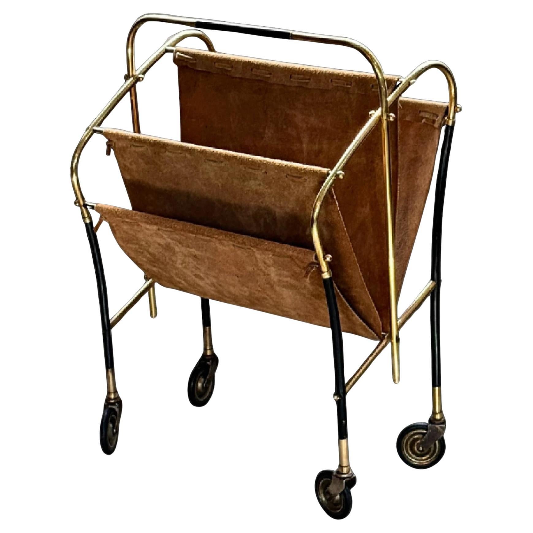 1950s Italian Design Brass and Leather Magazine Rack on Wheels