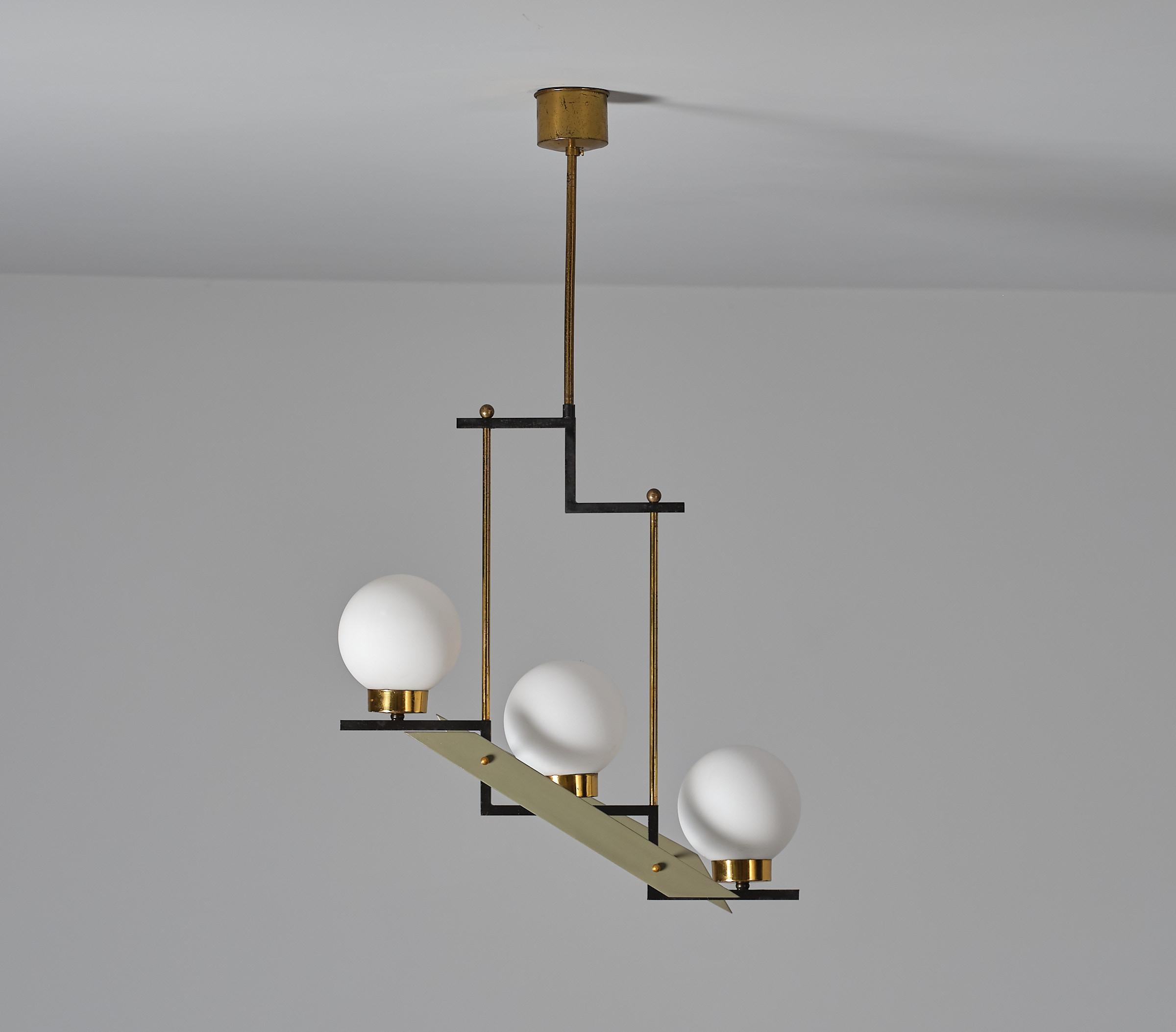 Brass 1950s Italian Design Chandelier - Elegant Modernity with Three Lights For Sale