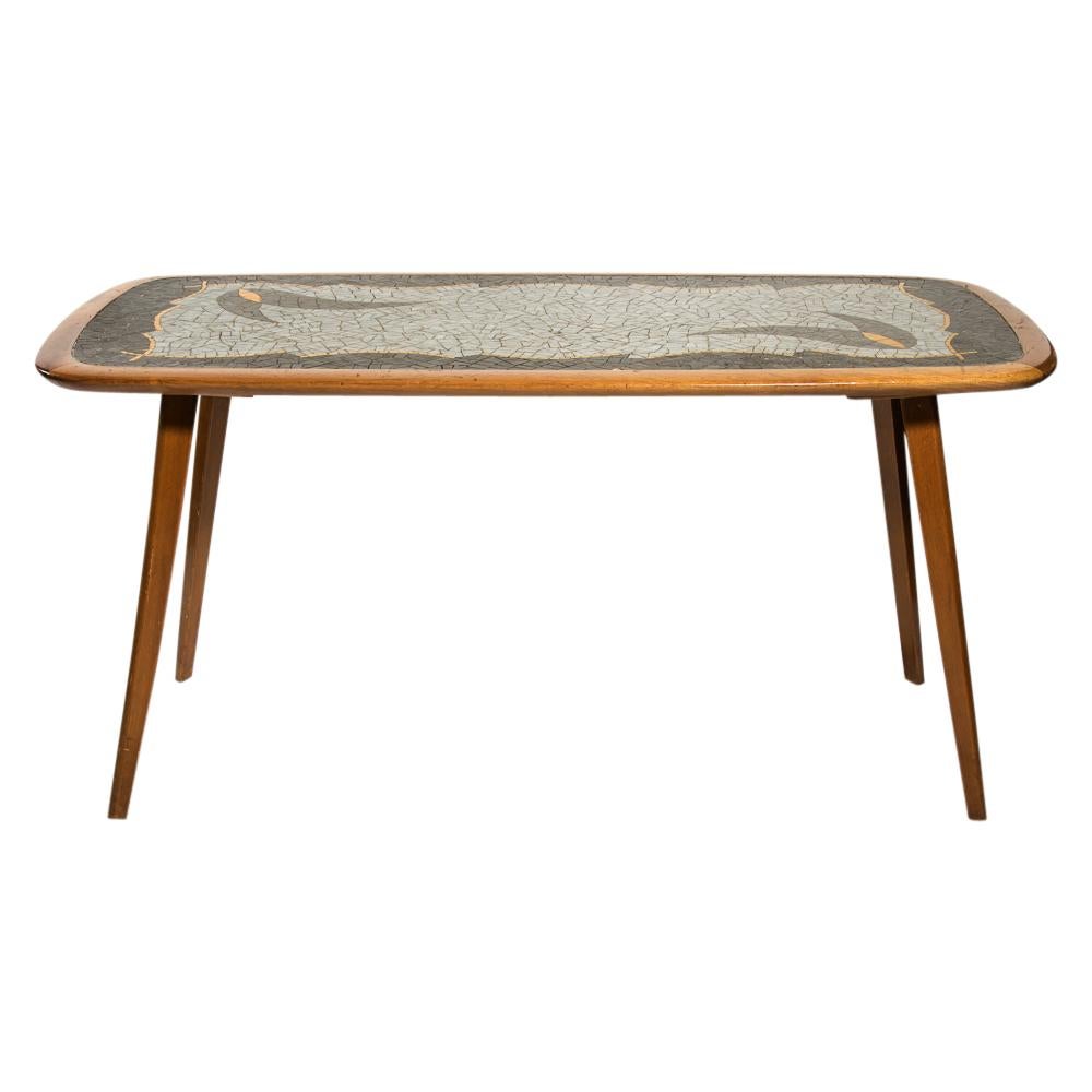 Mid-Century Modern 1950s Italian Design Occasional Table Mosaic Top Gray off White Gold Cherry Wood For Sale