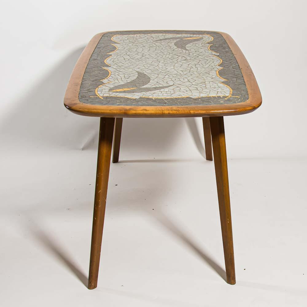 1950s Italian Design Occasional Table Mosaic Top Gray off White Gold Cherry Wood For Sale 1