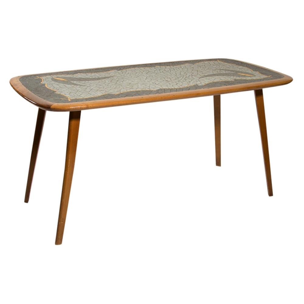 Table d'appoint de design italien des années 1950 avec plateau en mosaïque et bois de cerisier gris et or blanc cassé