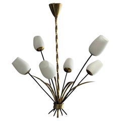 1950s Italian Design Opaline Glass 
Brass 6 Arm Chandelier