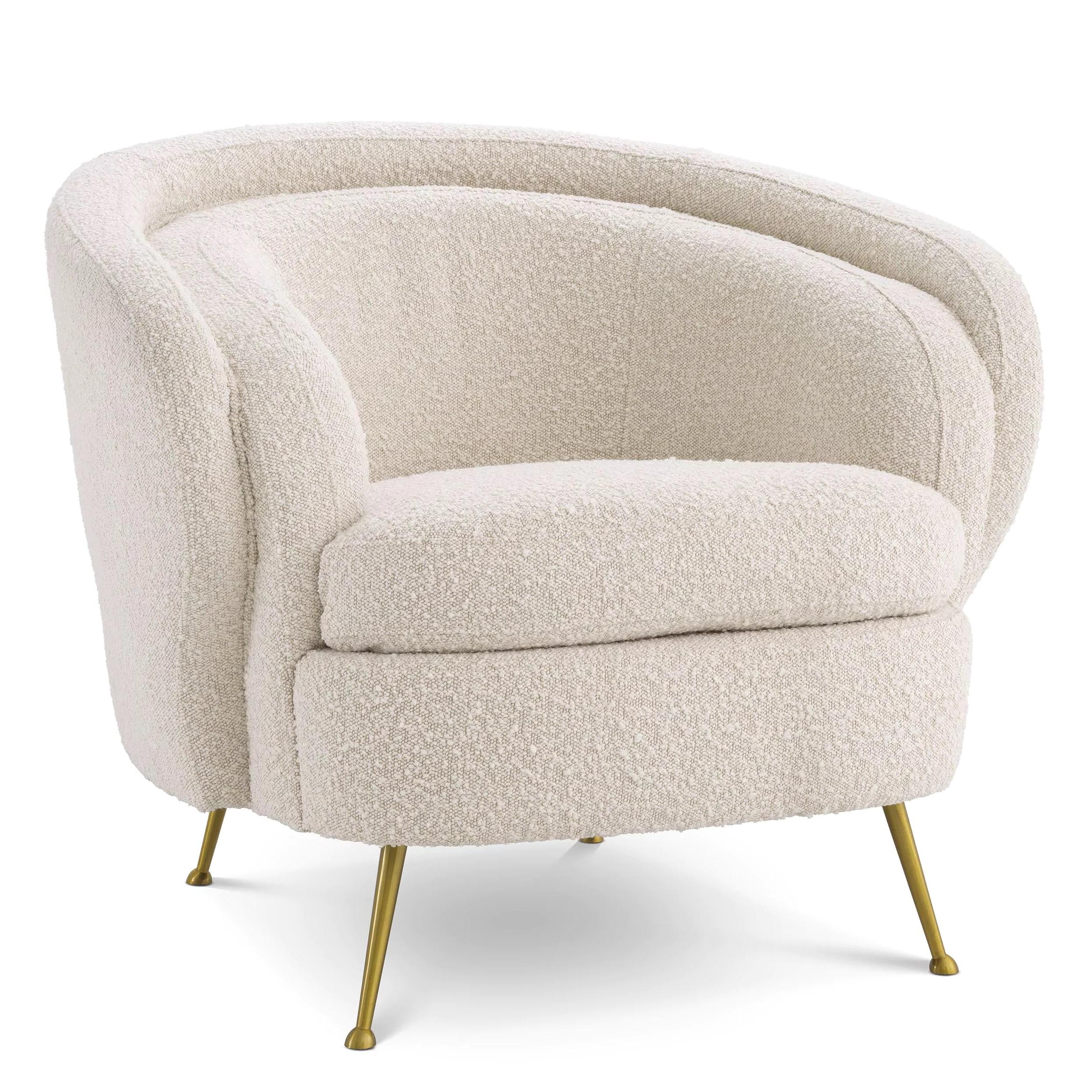 Welcoming and rounded shaped armchair in an Italian 1950s Design Look with beige bouclé fabric with brass finishes feet.