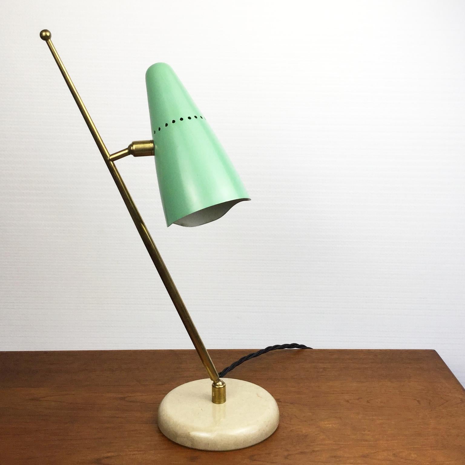 Italian table lamp with adjustable brass arm and shade on a marble base
Rewired with black cotton-insulated cable and line switch.