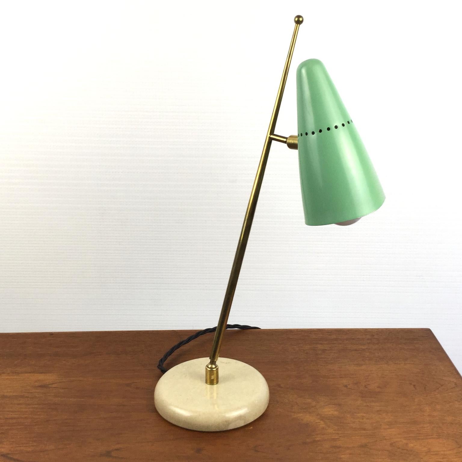 Aluminum 1950s Italian Green and Brass Table Lamp Attributed to Stilnovo