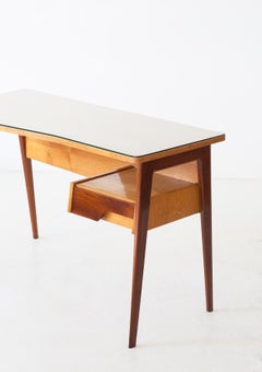 1950s Italian Desk Table in Mahogany and Oakwood with Glass Top