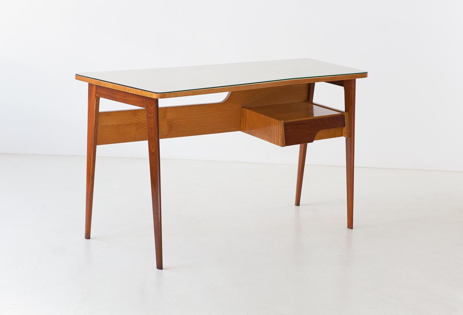 Mid-20th Century 1950s Italian Desk Table in Mahogany and Oakwood with Glass Top