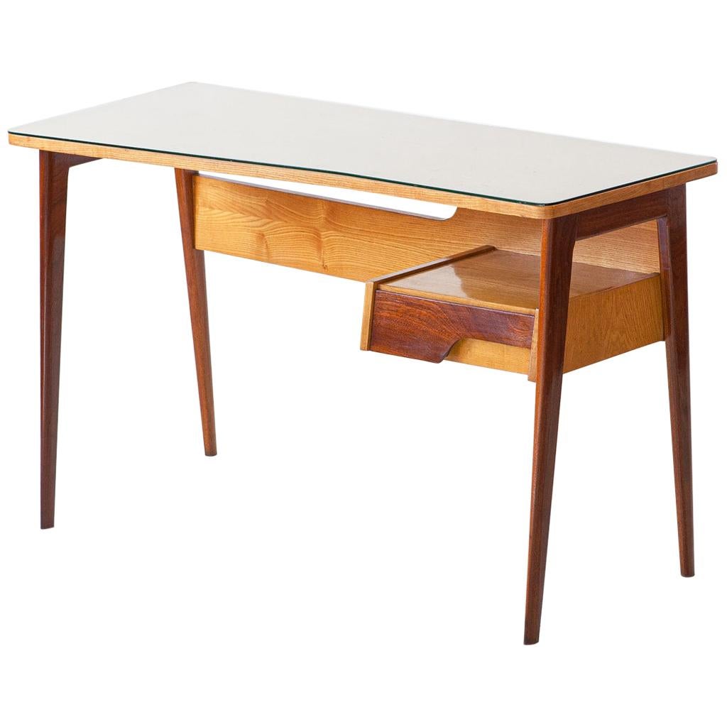 1950s Italian Desk Table in Mahogany and Oakwood with Glass Top