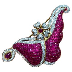 1950s Italian diamond and invisible setting ruby brooch