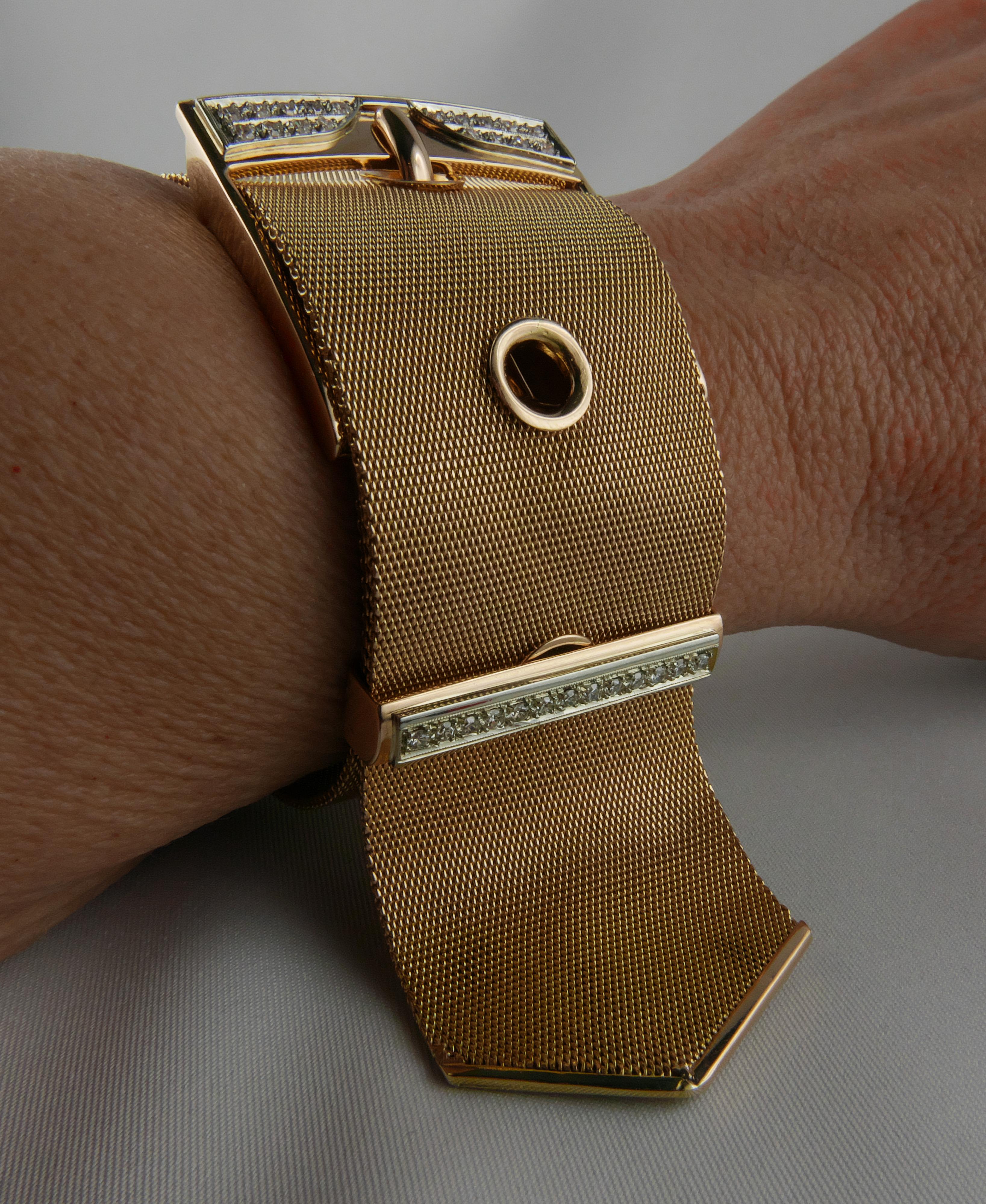 1950’s Italian Diamond Buckle Mesh Bracelet in Yellow and White Gold For Sale 1